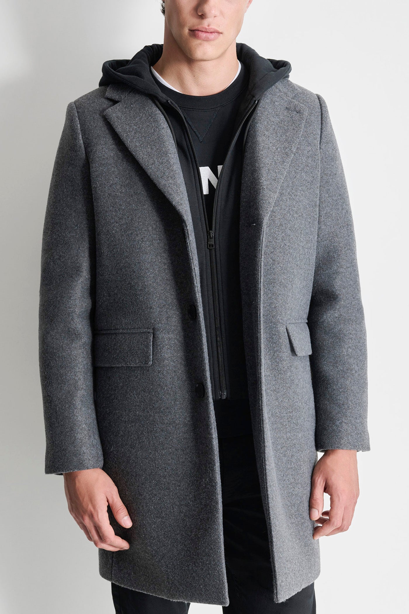 CHARCOAL FAUX WOOL COAT WITH HOODED BIB, VIEW 1 | Mens Coats and Jackets