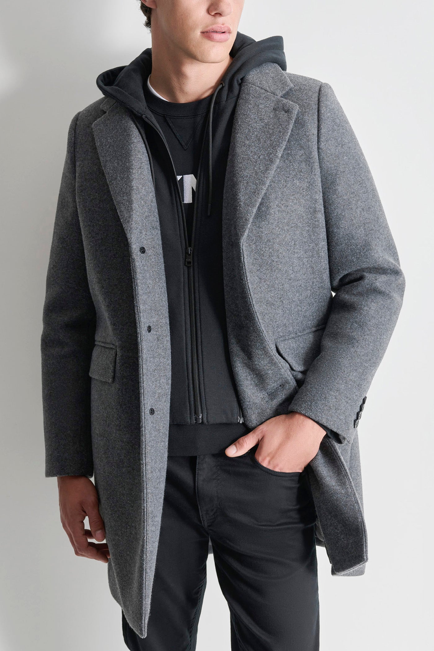 FAUX WOOL COAT WITH HOODED BIB VIEW 3 | Mens Coats and Jackets