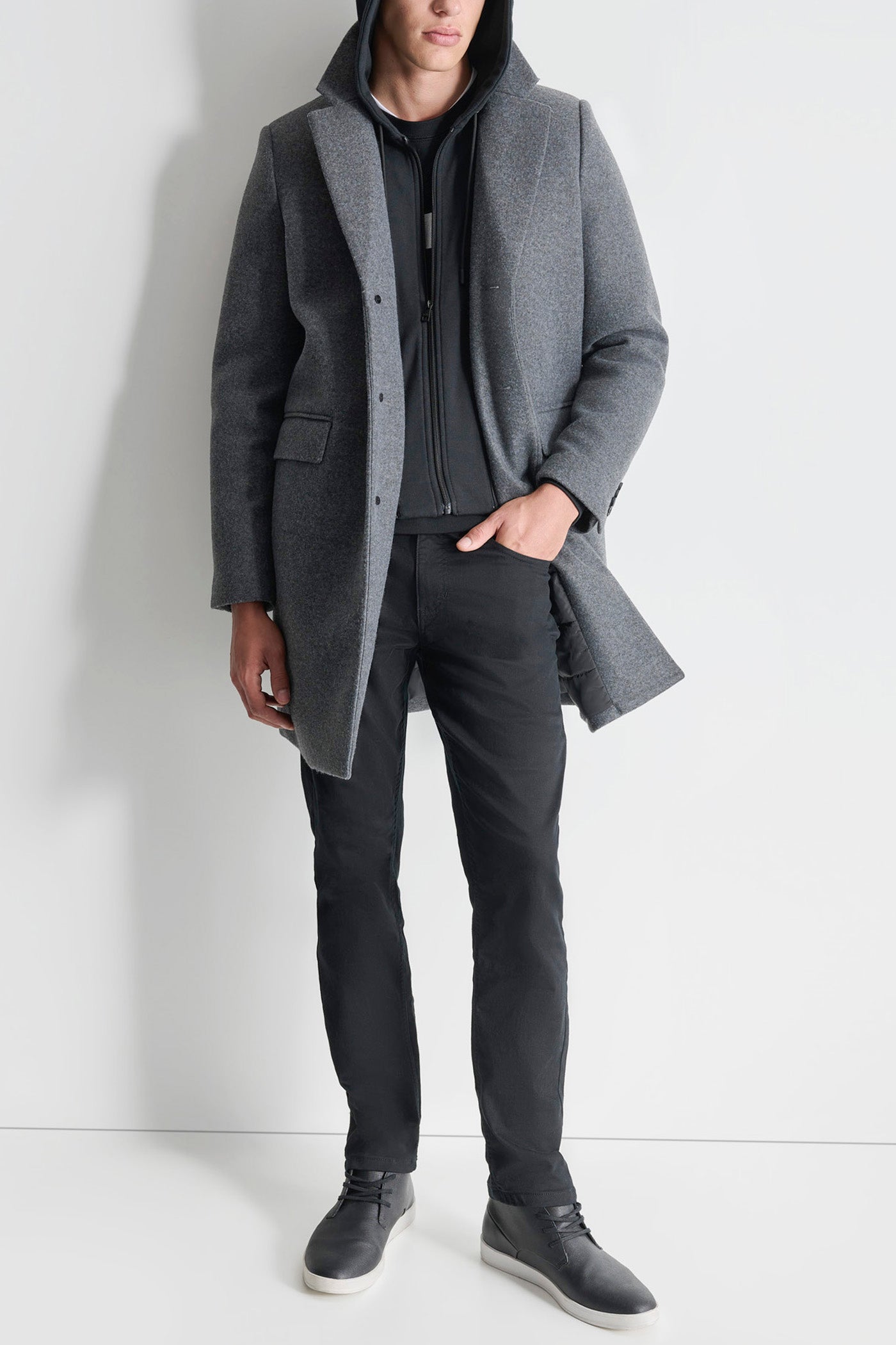FAUX WOOL COAT WITH HOODED BIB VIEW 10 | Mens Coats and Jackets