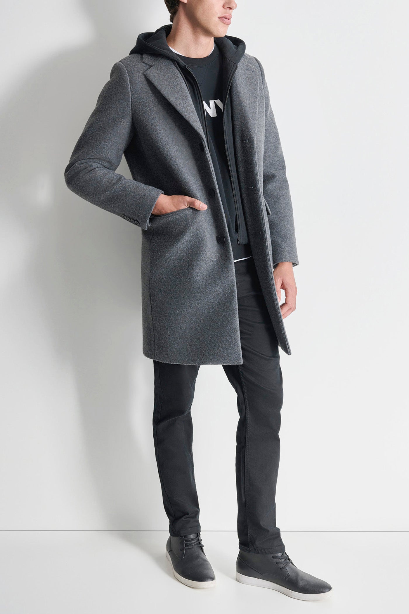 FAUX WOOL COAT WITH HOODED BIB VIEW 8 | Mens Coats and Jackets
