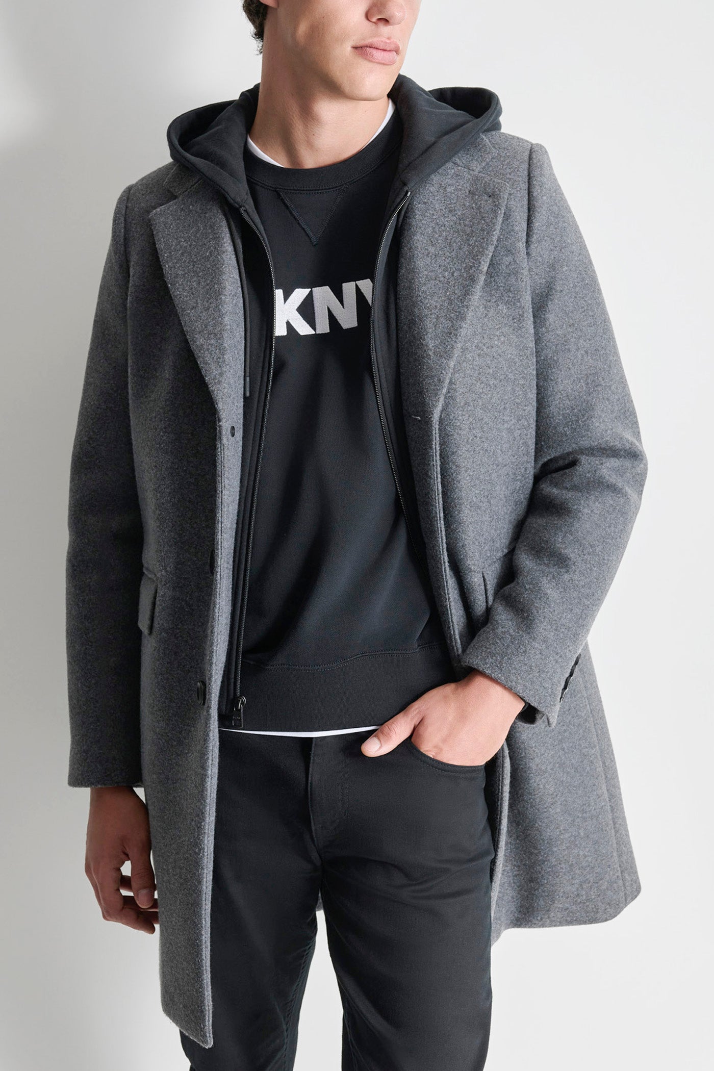 FAUX WOOL COAT WITH HOODED BIB VIEW 7 | Mens Coats and Jackets