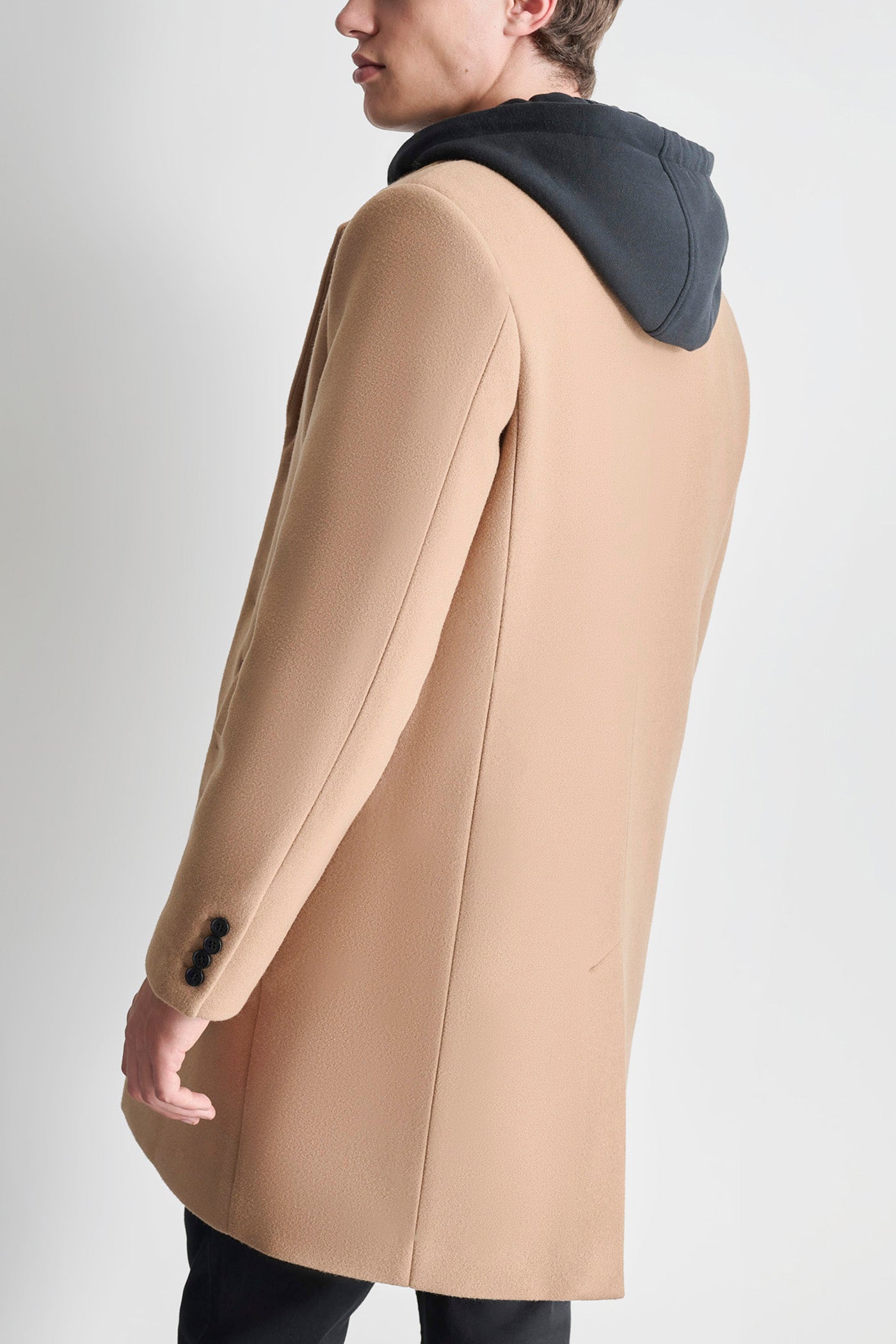CAMEL FAUX WOOL COAT WITH HOODED BIB, VIEW 2 | Mens Coats and Jackets