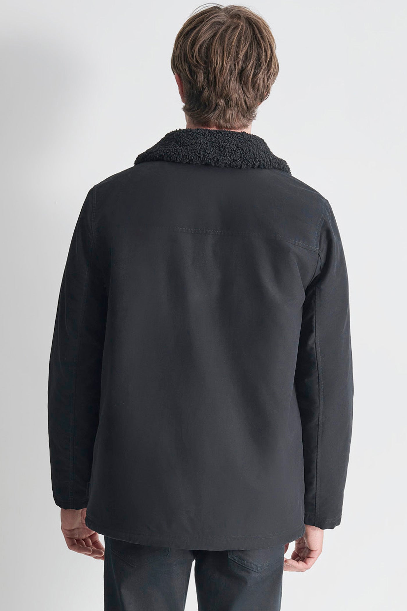 Black SHERPA LINED COTTON WORKER JACKET, BACK VIEW | Mens Coats and Jackets