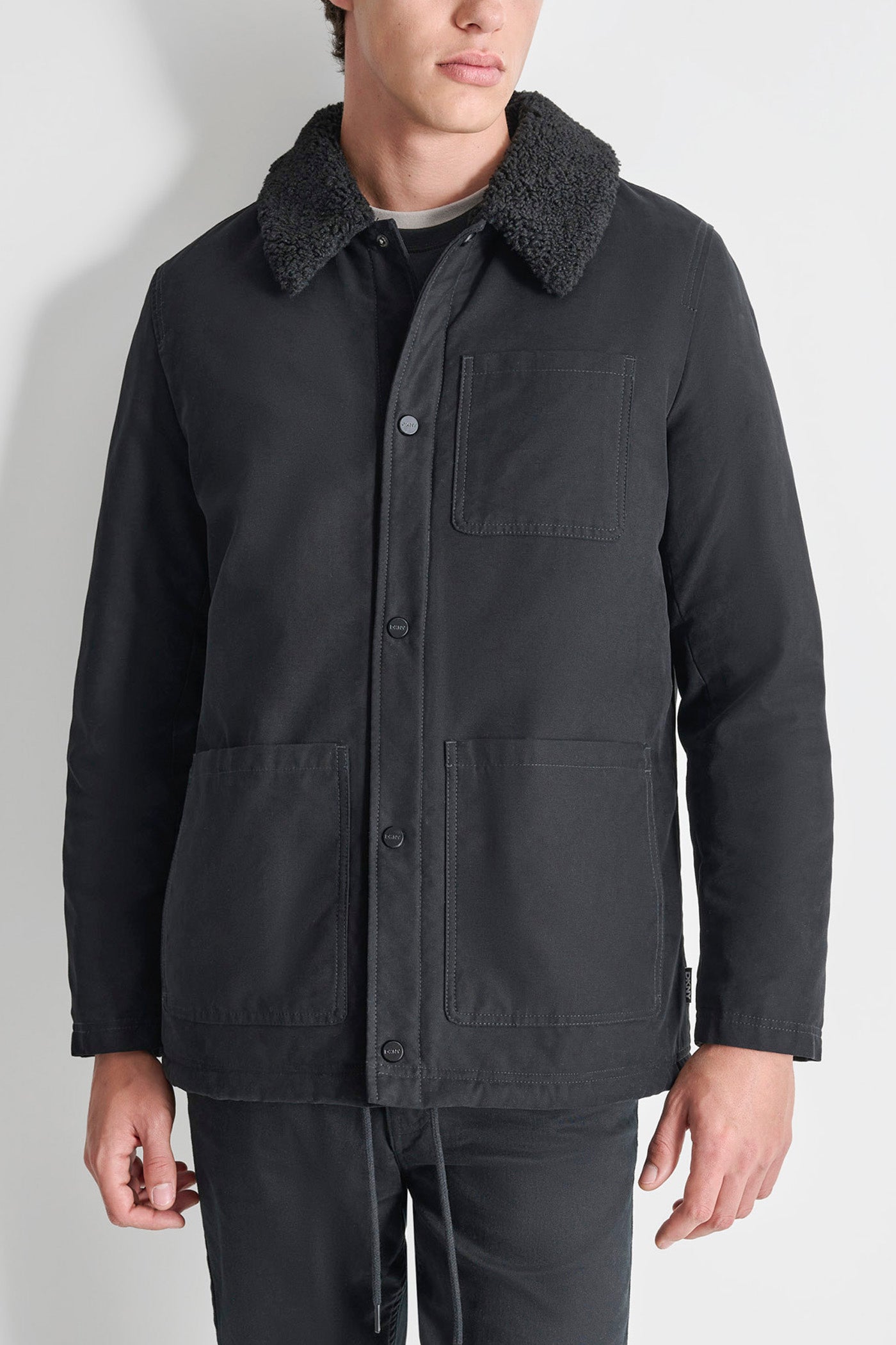 Black SHERPA LINED COTTON WORKER JACKET, FRONT VIEW | Mens Coats and Jackets