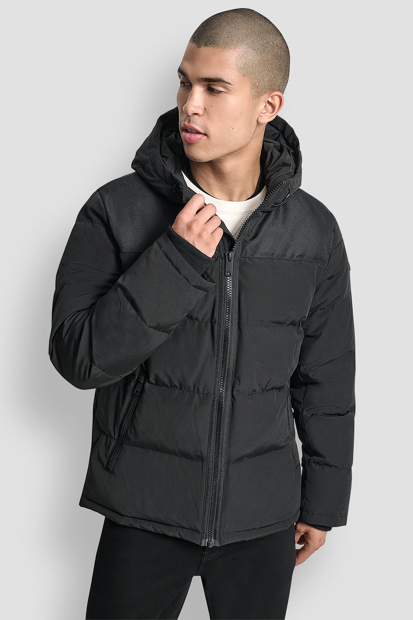 Black Logo Puffer, FRONT VIEW | Mens Coats and Jackets