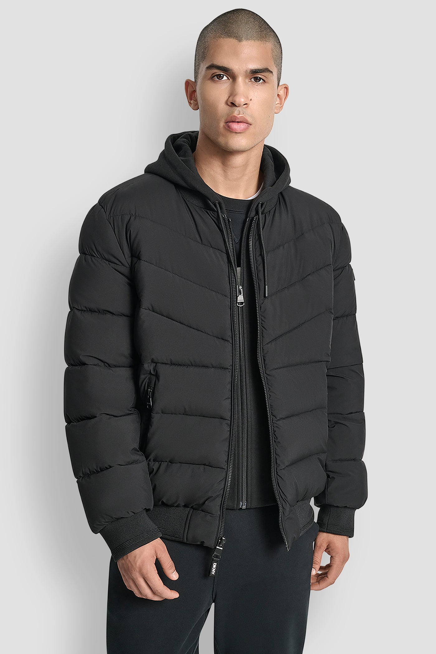 Black STRETCH BOMBER JACKET, VIEW 1 | Mens Coats and Jackets
