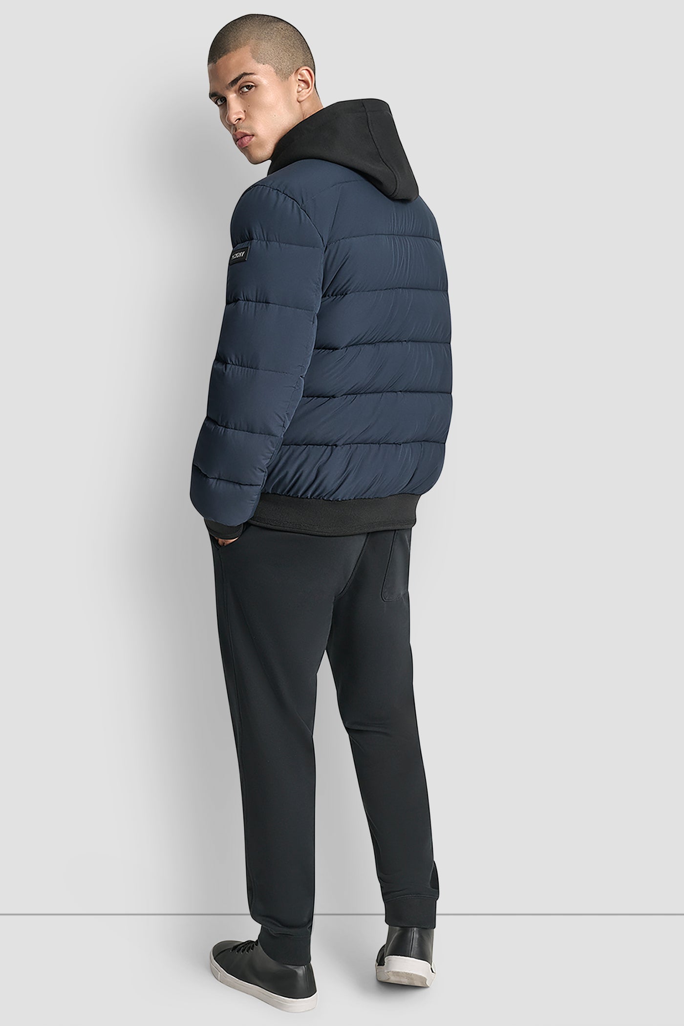 NAVY STRETCH BOMBER JACKET, VIEW 2 | Mens Coats and Jackets