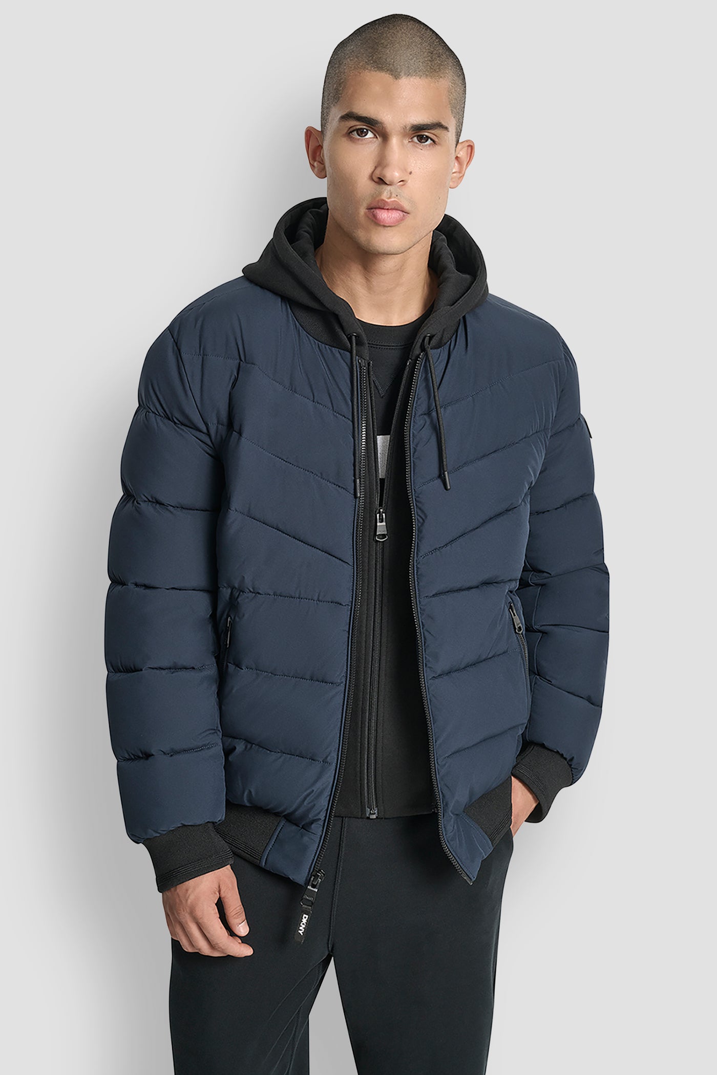 NAVY STRETCH BOMBER JACKET, VIEW 1 | Mens Coats and Jackets
