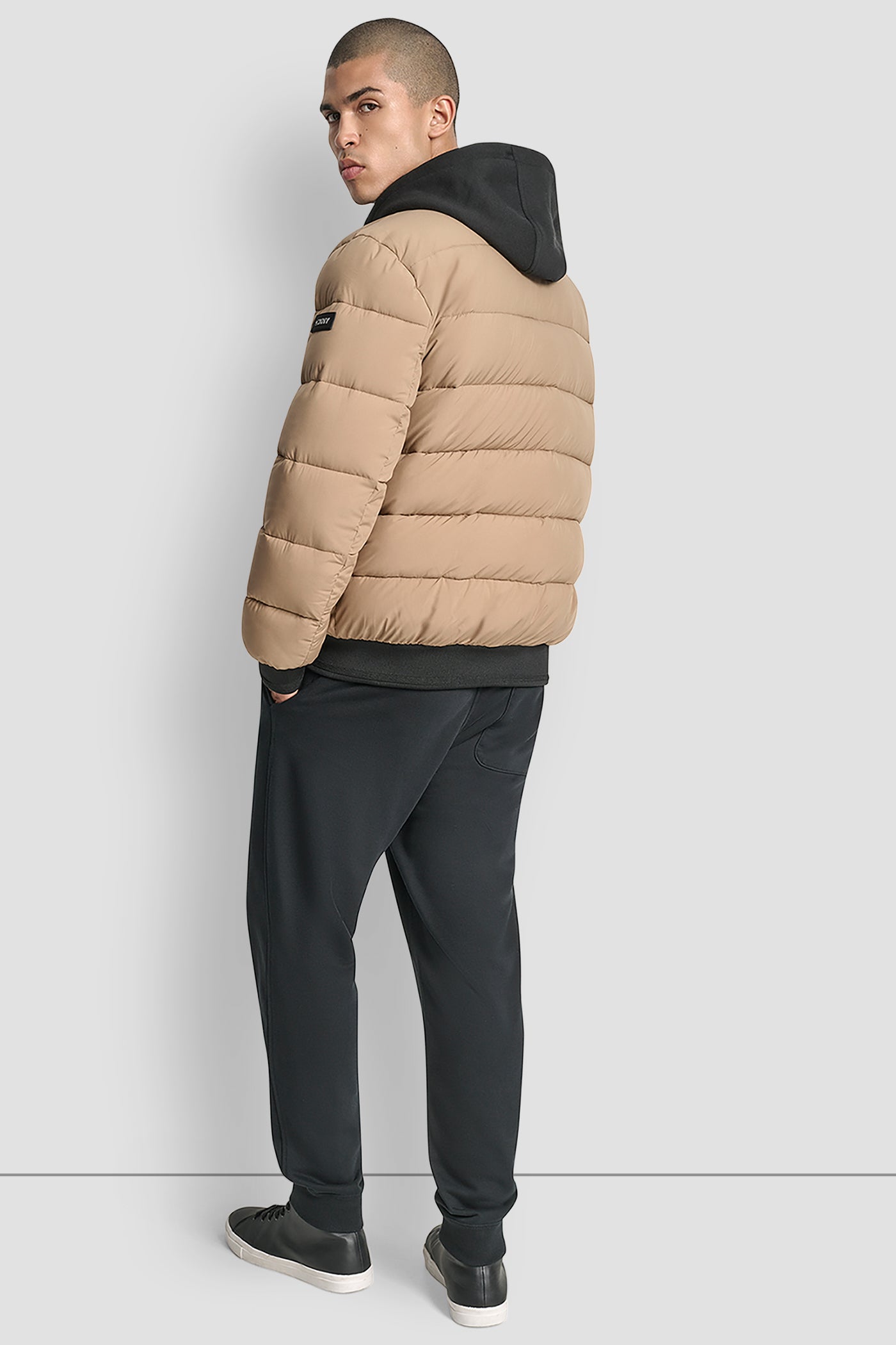 TAN STRETCH BOMBER JACKET, BACK VIEW | Mens Coats and Jackets