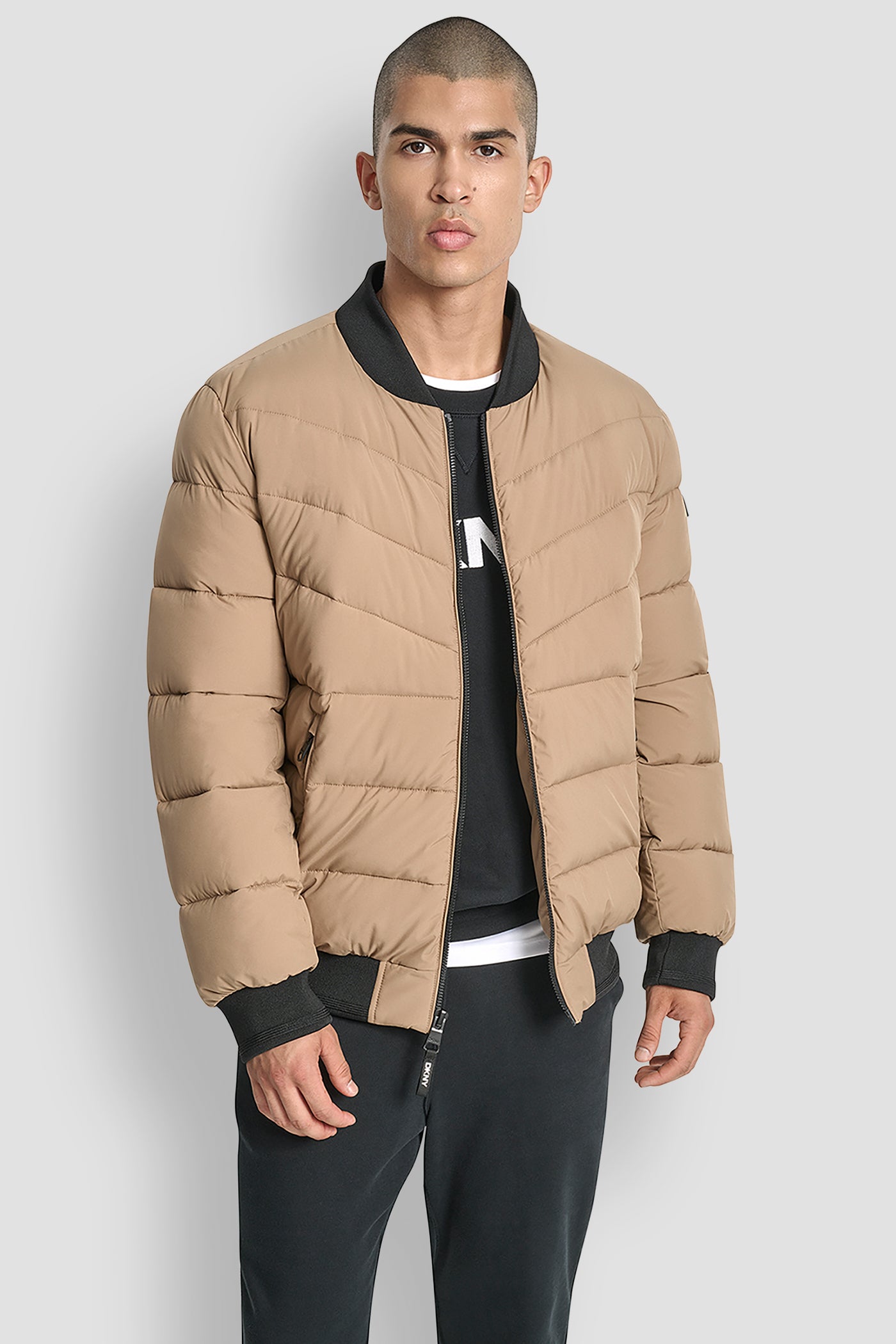 TAN STRETCH BOMBER JACKET, FRONT VIEW | Mens Coats and Jackets