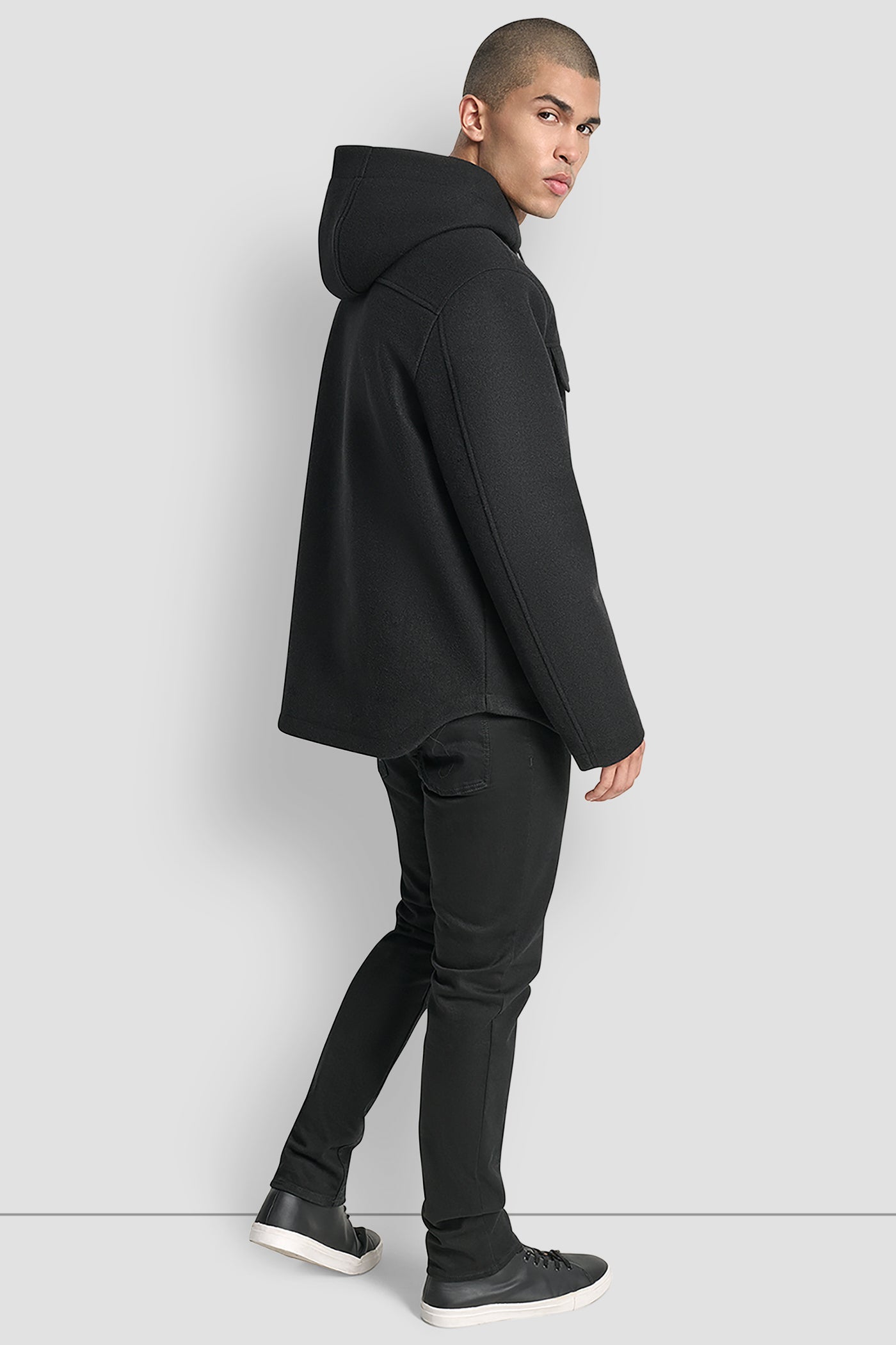 Black FAUX WOOL HOODED SHIRT JACKET, BACK VIEW | Mens Coats and Jackets