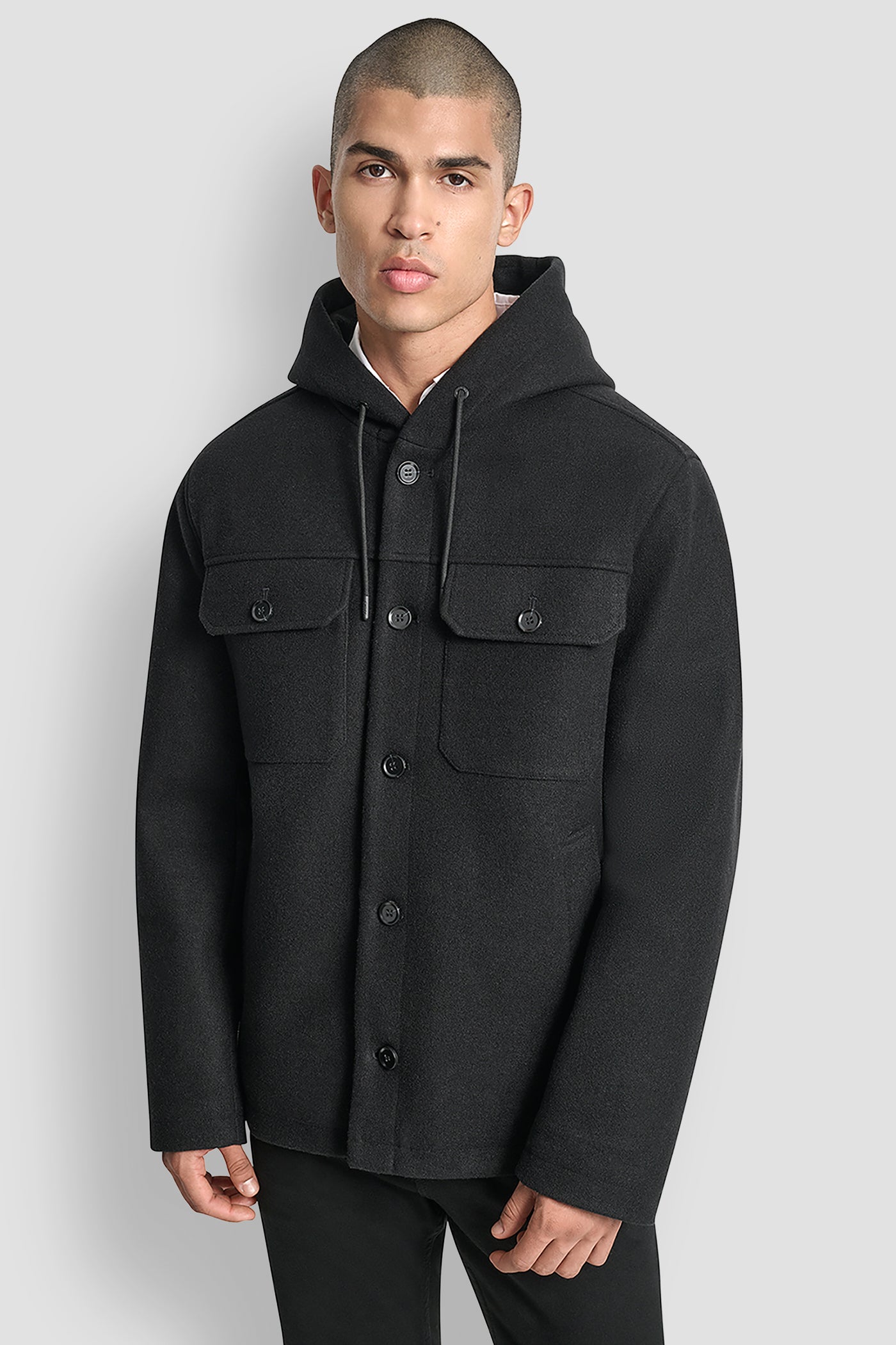 Black FAUX WOOL HOODED SHIRT JACKET, FRONT VIEW | Mens Coats and Jackets