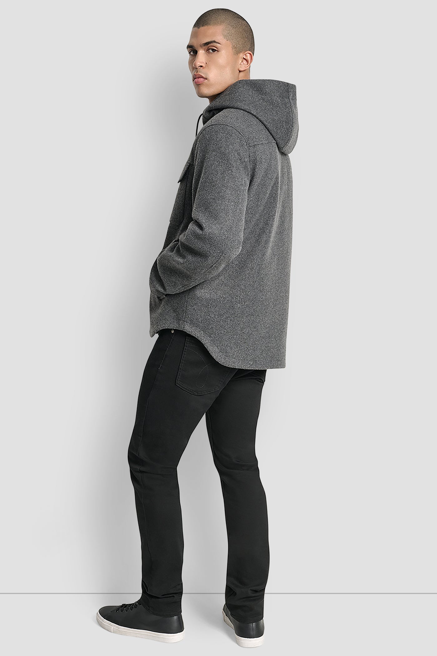 Grey FAUX WOOL HOODED SHIRT JACKET, BACK VIEW | Mens Coats and Jackets