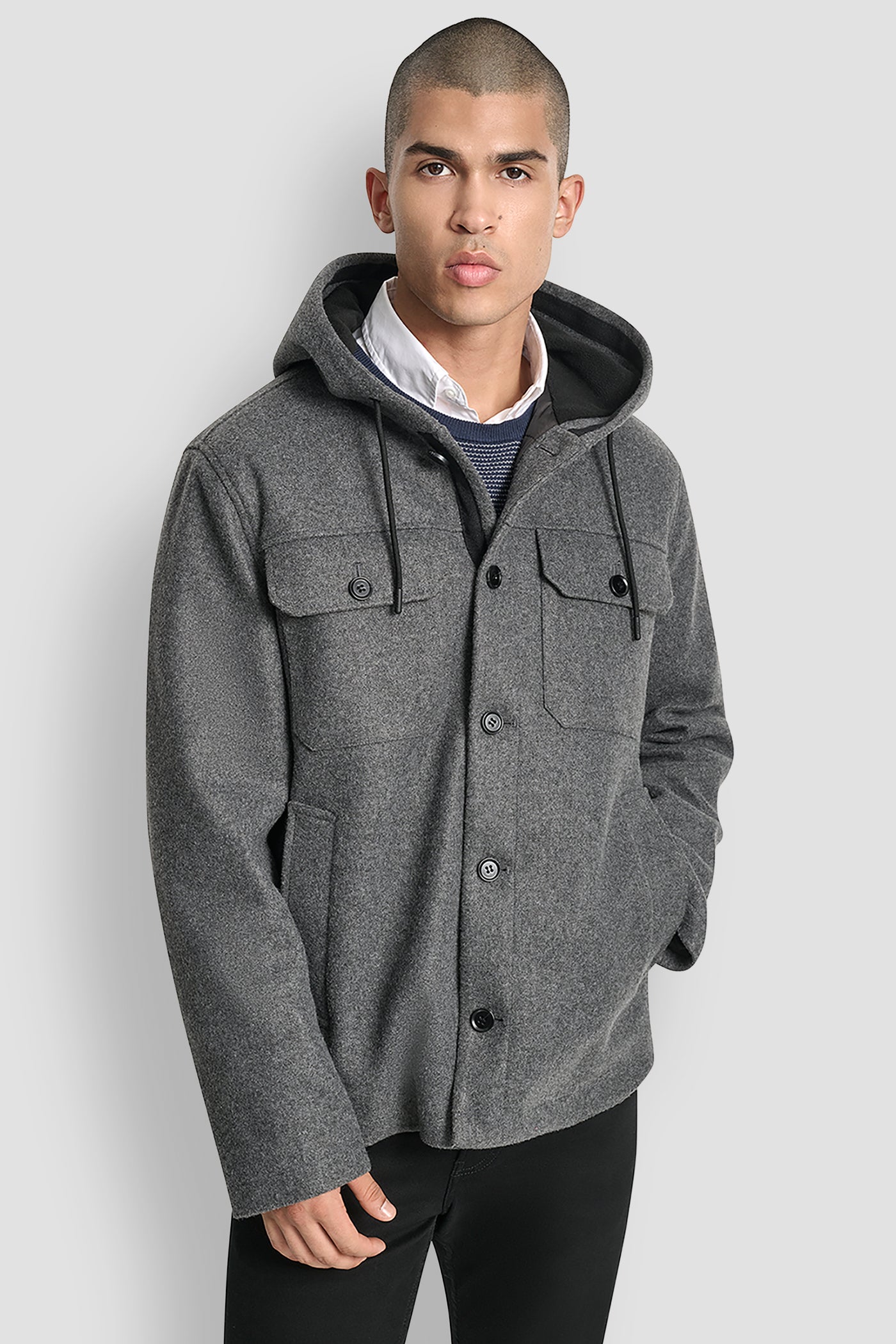 Grey FAUX WOOL HOODED SHIRT JACKET, FRONT VIEW | Mens Coats and Jackets