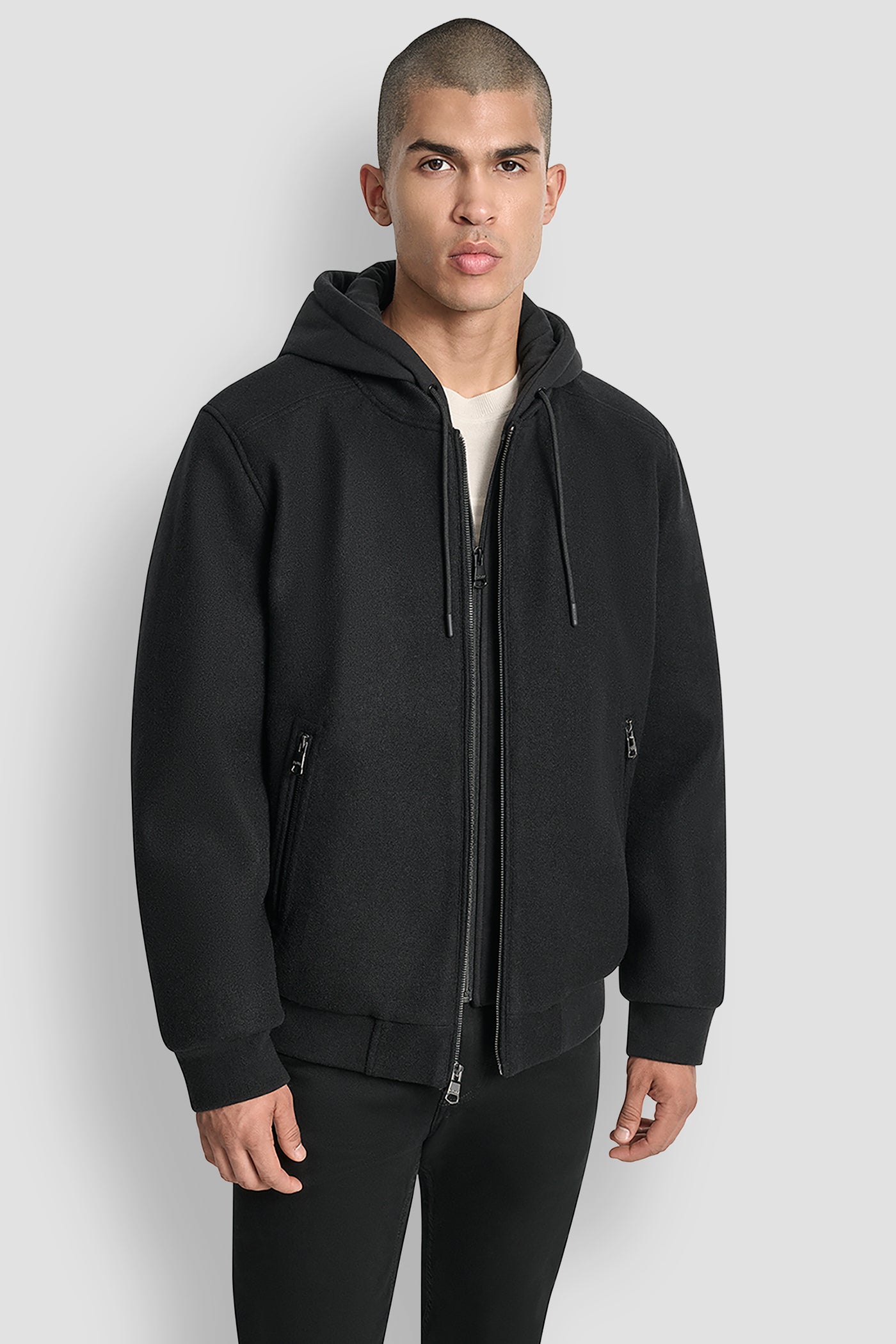 Black FAUX WOOL BOMBER WITH HOODED BIB, FRONT VIEW | Mens Coats and Jackets