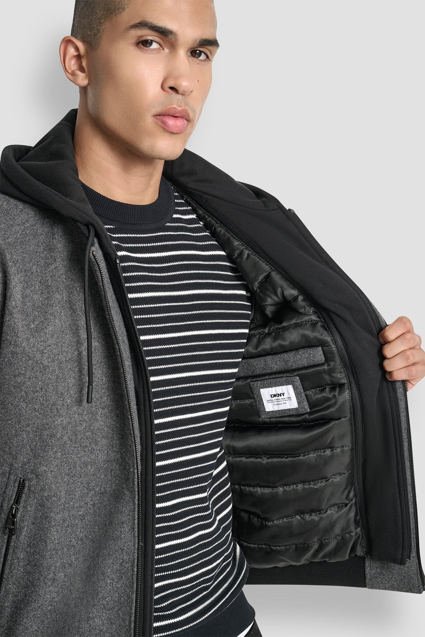 FAUX WOOL BOMBER WITH HOODED BIB VIEW 9 | Mens Coats and Jackets