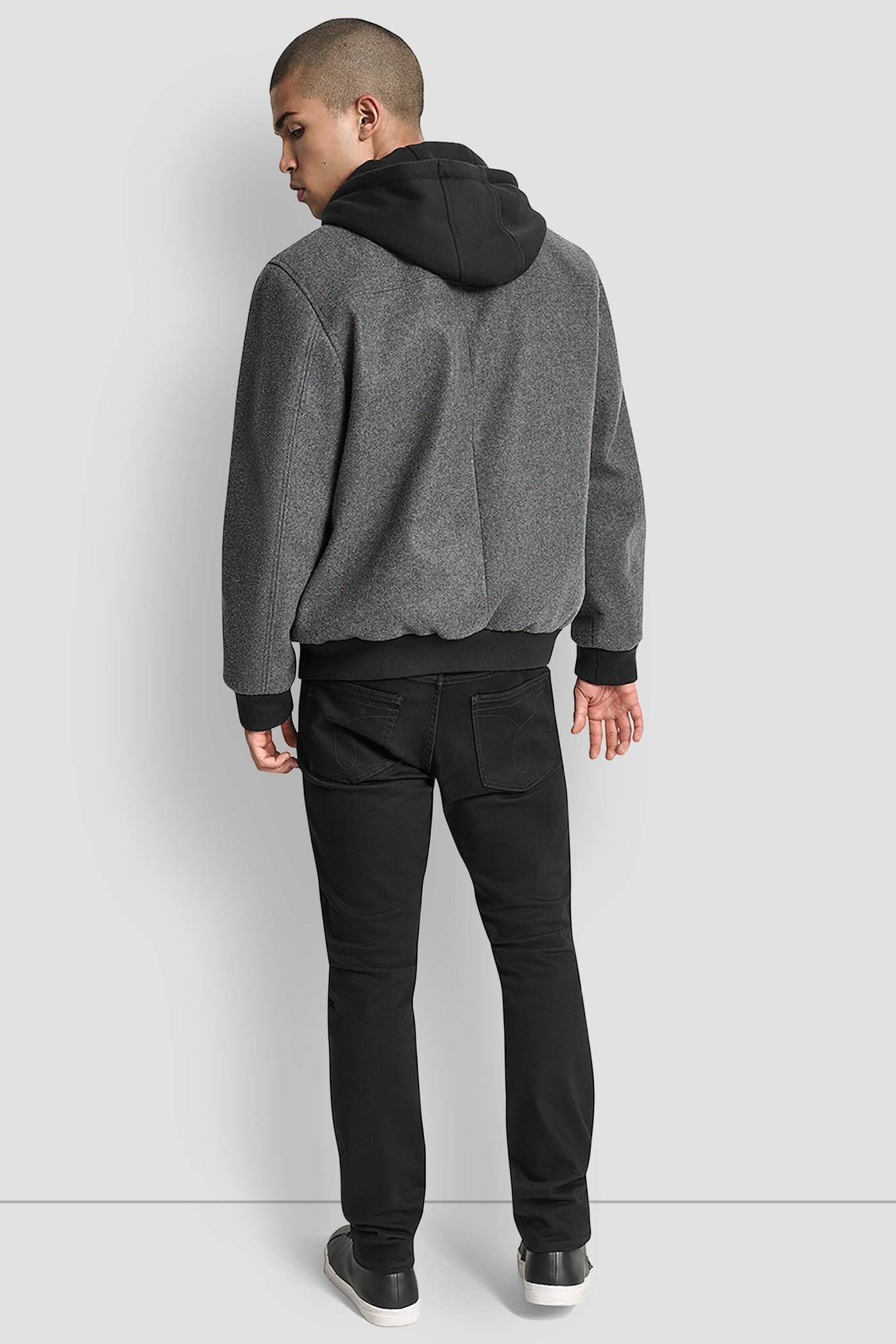 Grey FAUX WOOL BOMBER WITH HOODED BIB, VIEW 2 | Mens Coats and Jackets