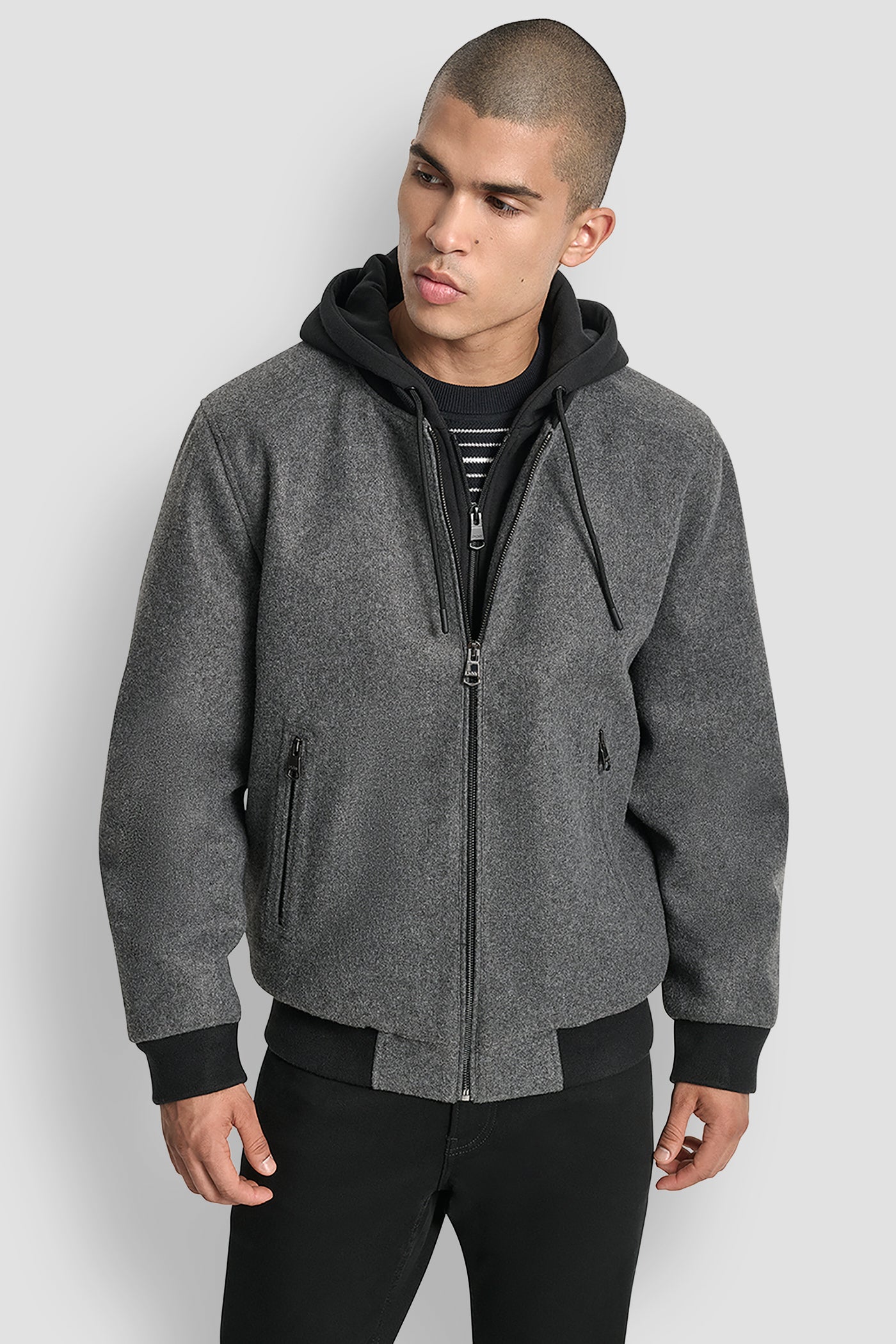 Grey FAUX WOOL BOMBER WITH HOODED BIB, VIEW 1 | Mens Coats and Jackets
