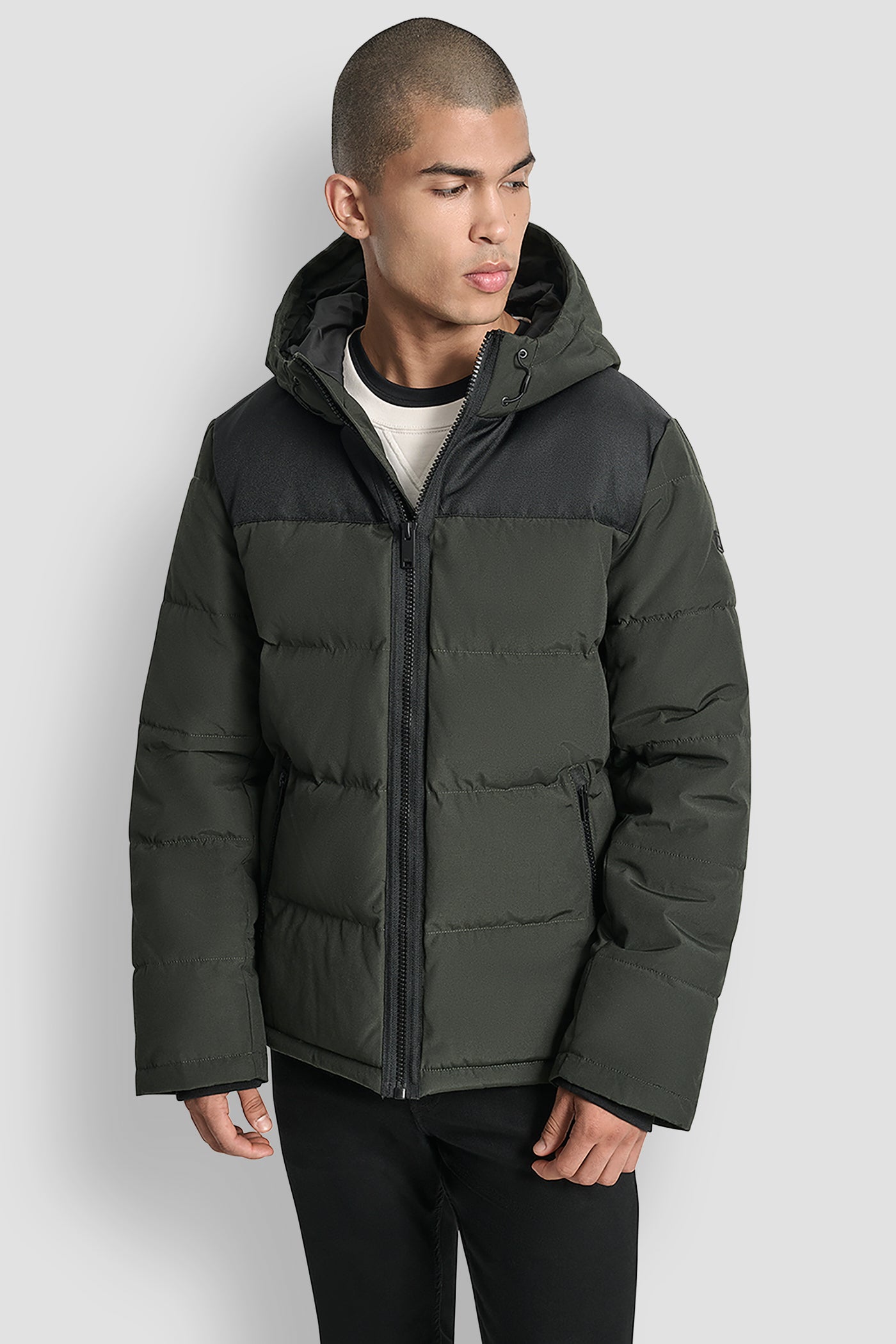 DARK OLIVE Logo Puffer, FRONT VIEW | Mens Coats and Jackets