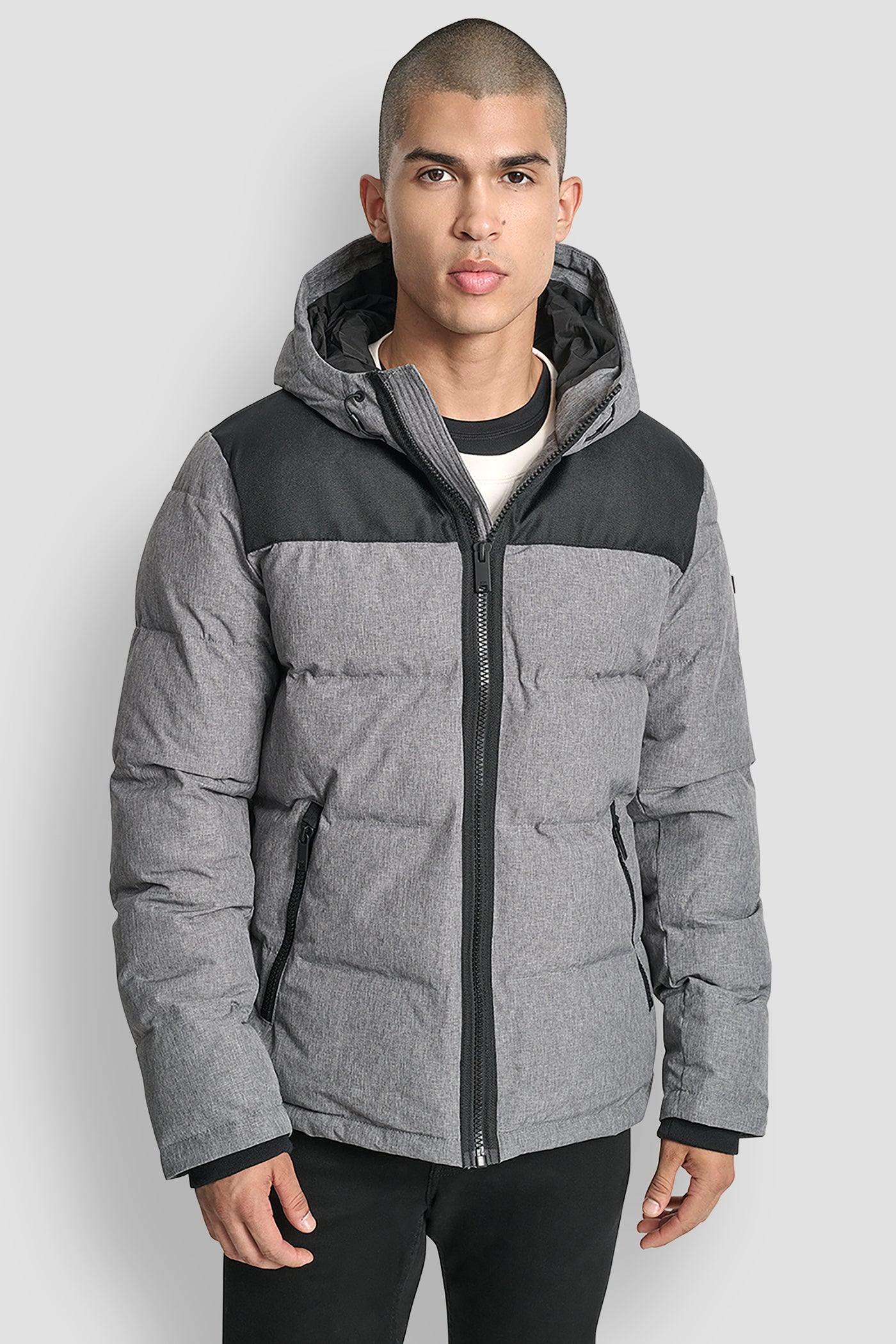HEATHER GREY Logo Puffer, FRONT VIEW | Mens Coats and Jackets