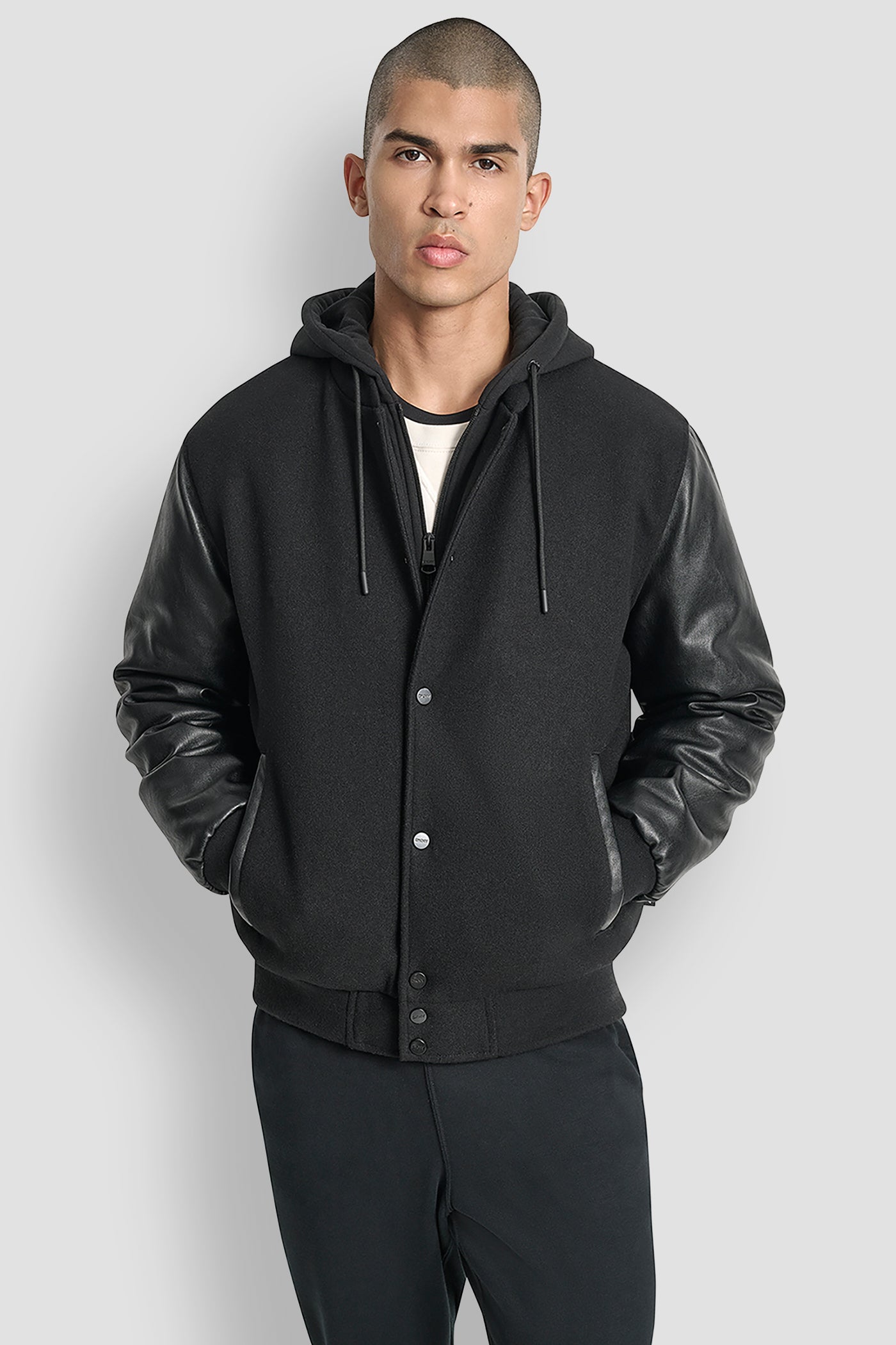 Black VARSITY JACKET, FRONT VIEW | Mens Coats and Jackets