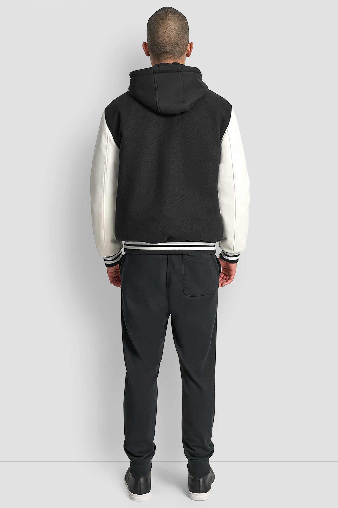 BLACK/BLACK VARSITY JACKET, BACK VIEW | Mens Coats and Jackets