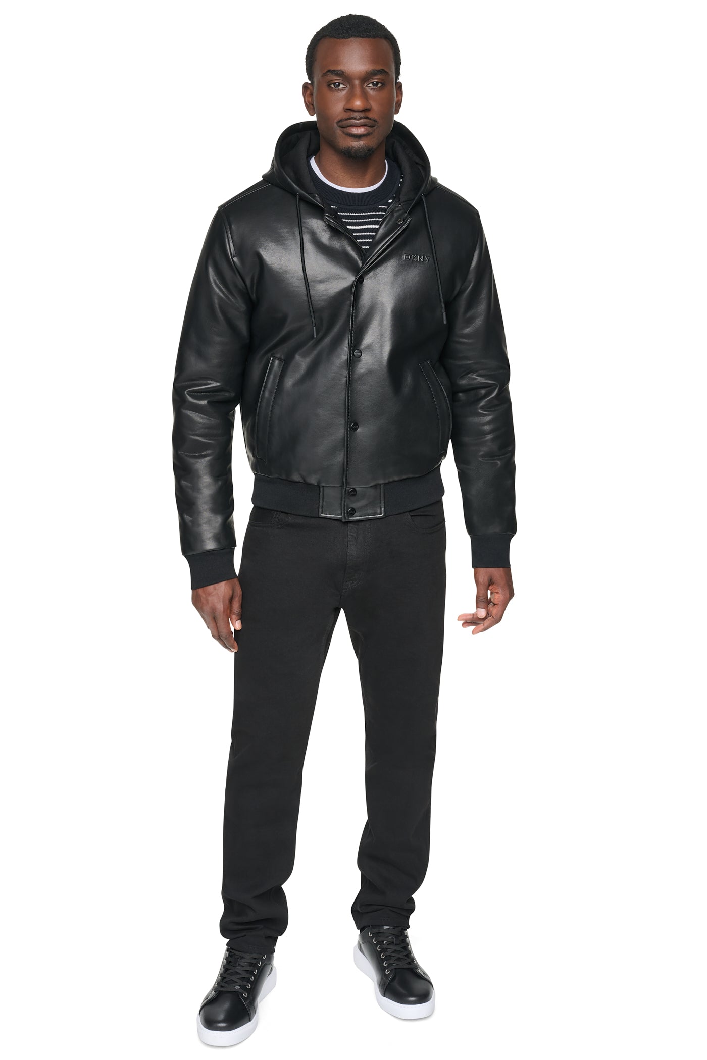 FAUX LEATHER HOODED BOMBER JACET VIEW 2