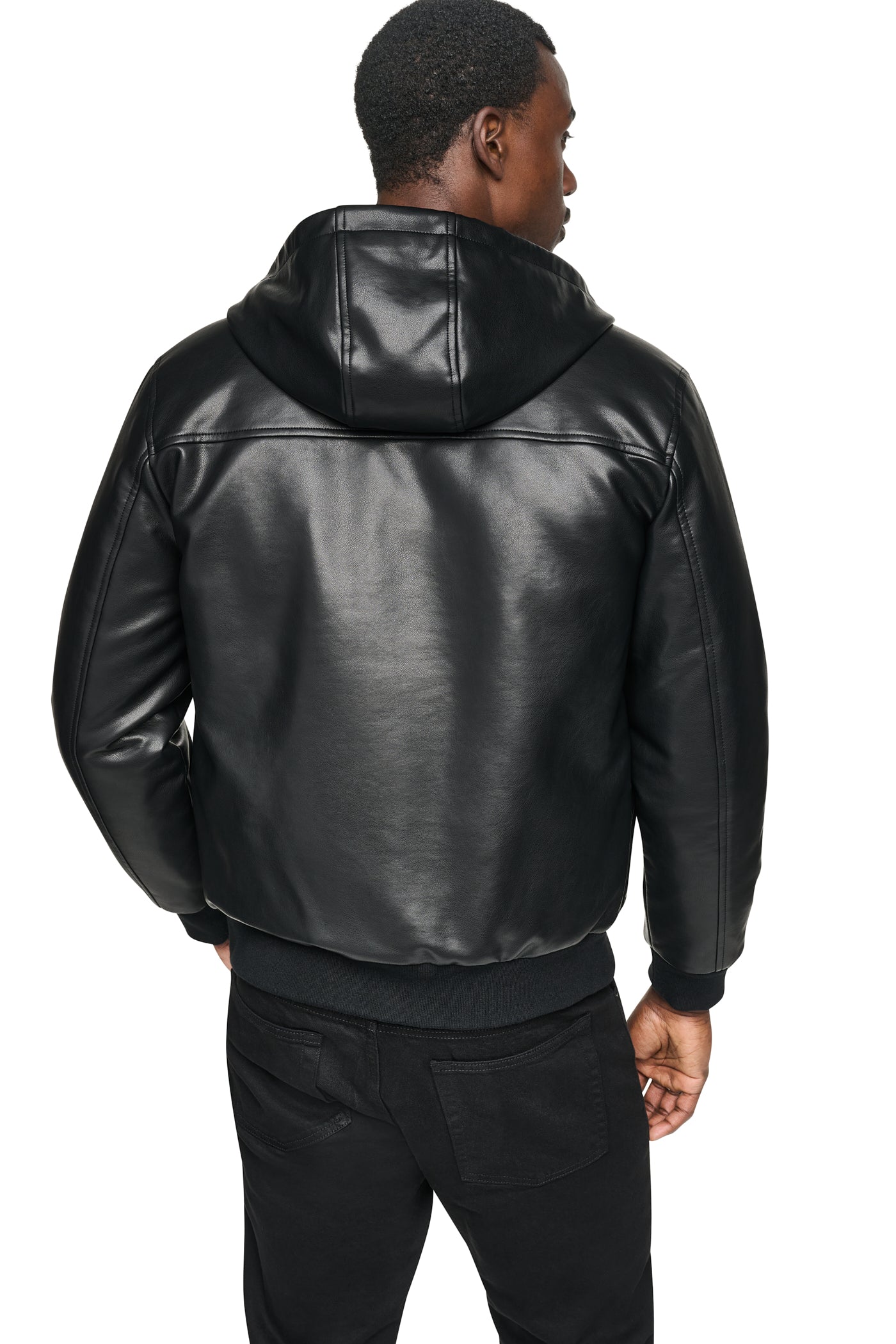FAUX LEATHER HOODED BOMBER JACET VIEW 2