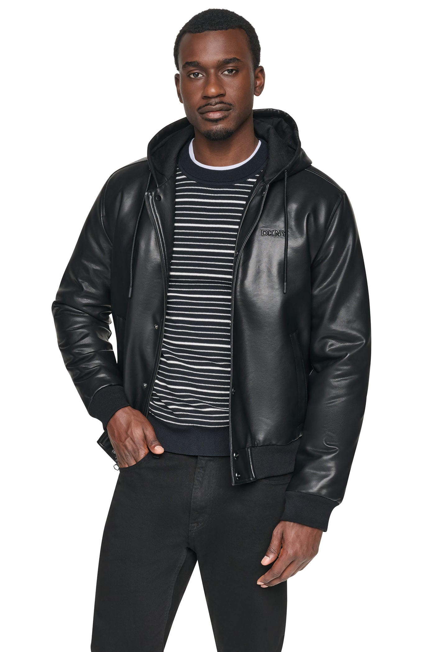 FAUX LEATHER HOODED BOMBER JACET VIEW 1