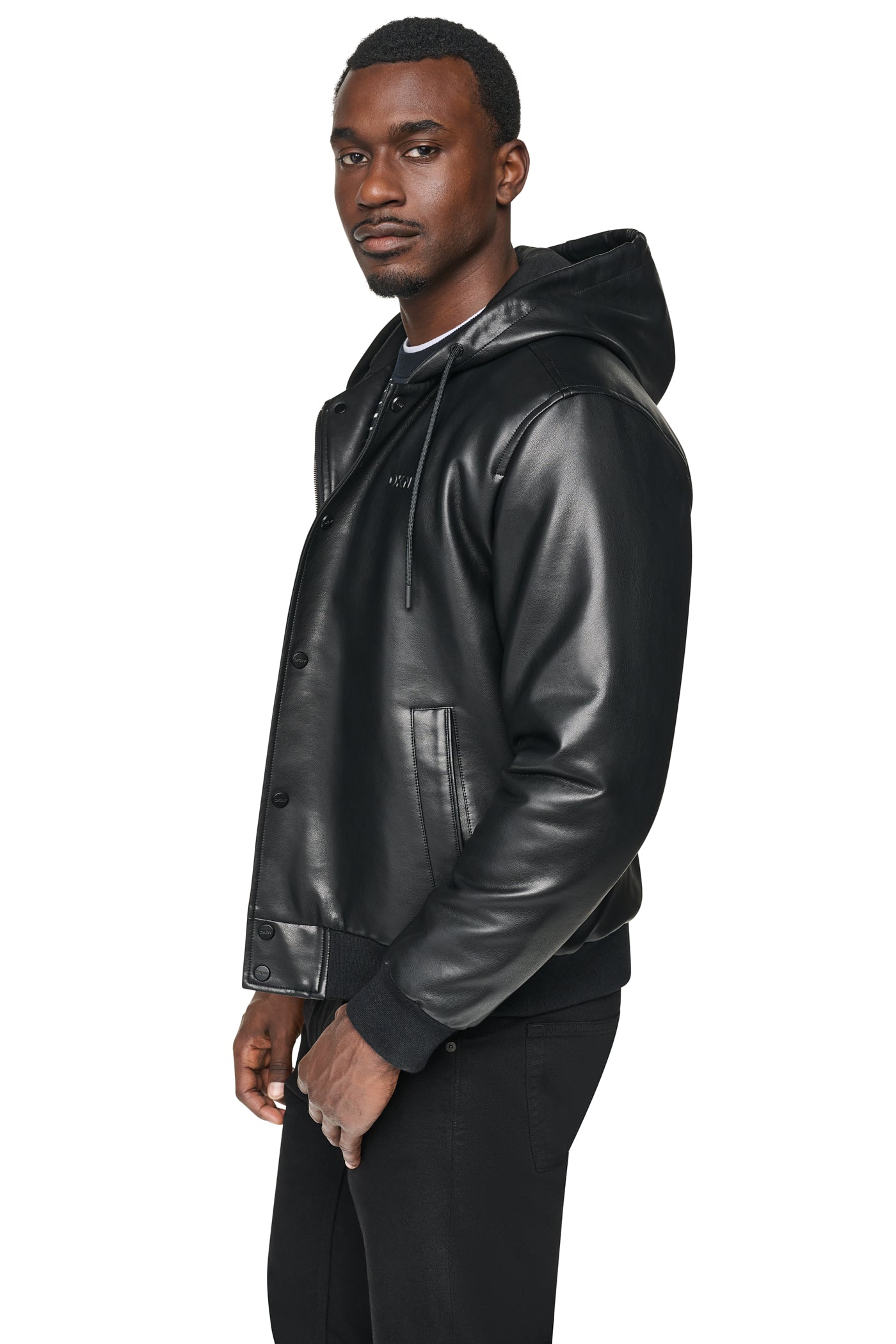 FAUX LEATHER HOODED BOMBER JACET VIEW 2