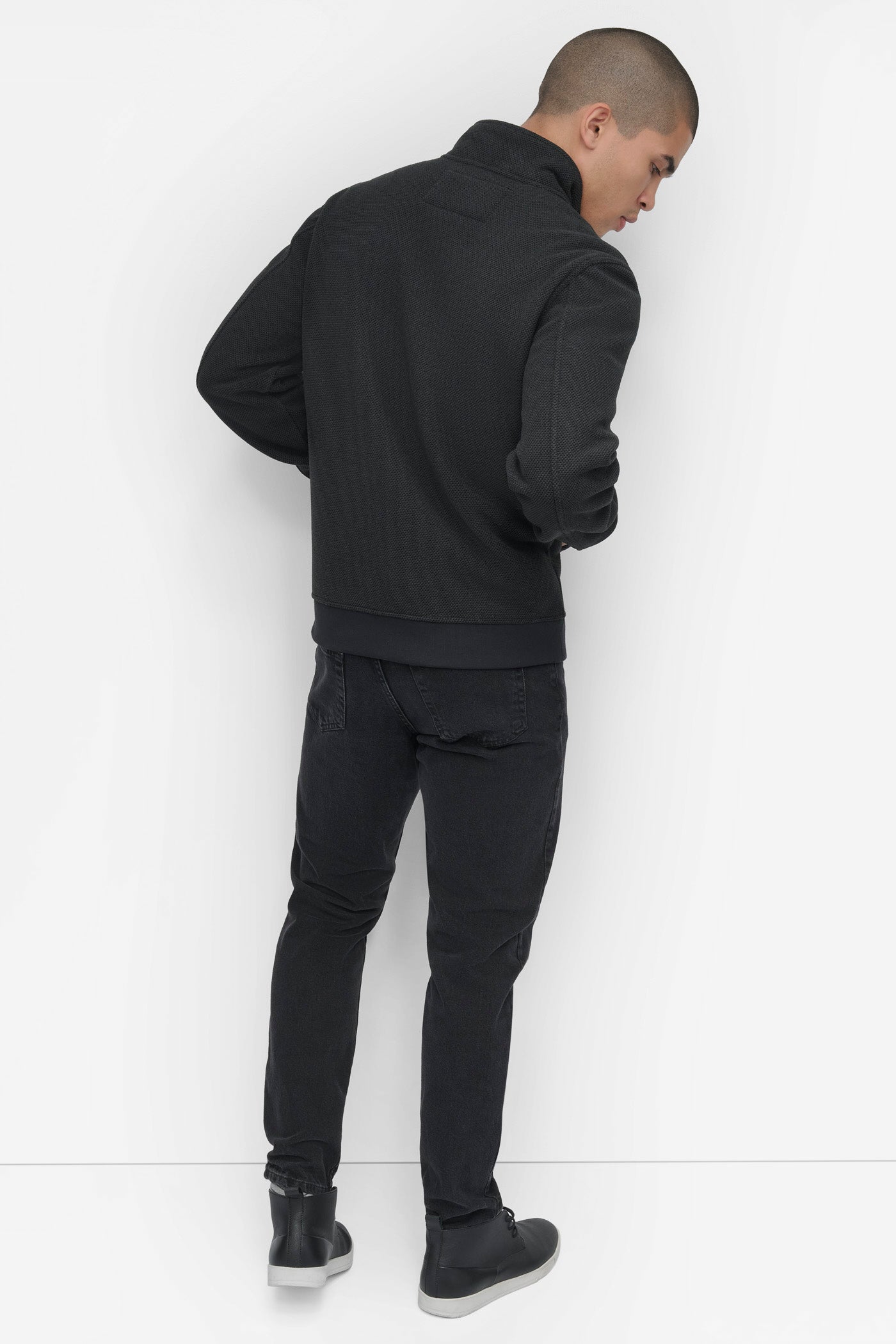 Black SHERPA LINED SWEATER KNIT BOMBER, BACK VIEW | Mens Coats and Jackets