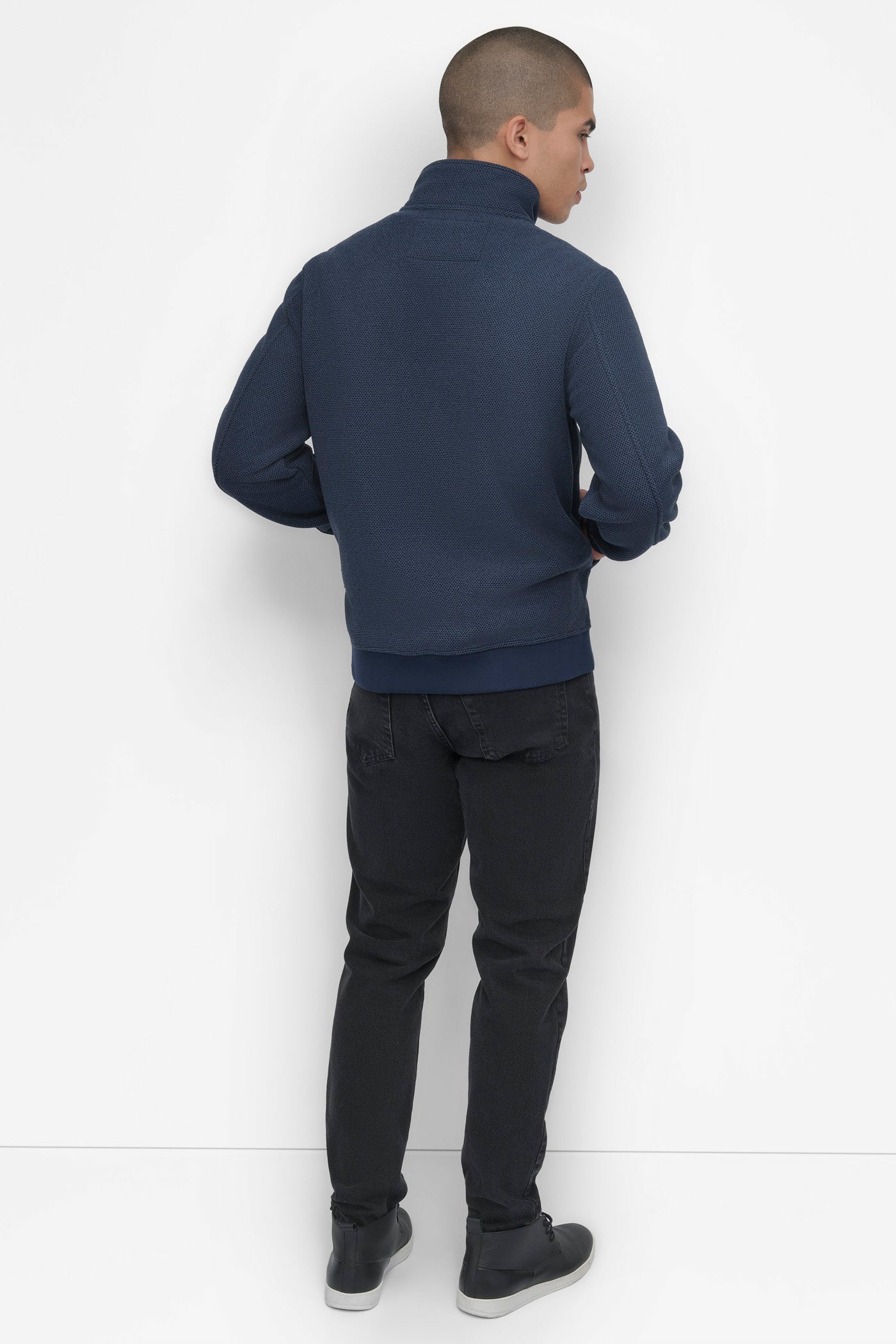 NAVY SHERPA LINED SWEATER KNIT BOMBER, BACK VIEW | Mens Coats and Jackets
