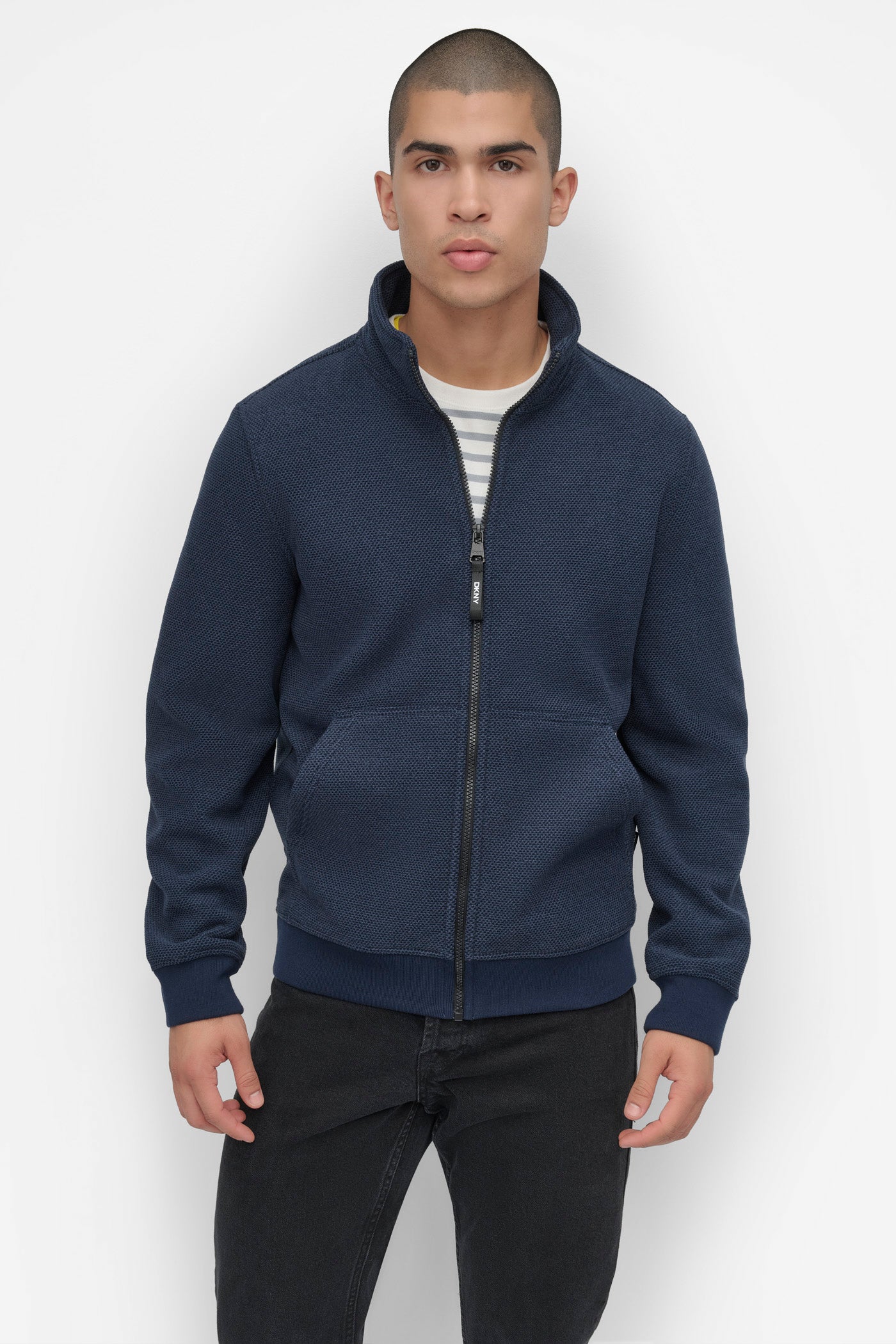NAVY SHERPA LINED SWEATER KNIT BOMBER, FRONT VIEW | Mens Coats and Jackets