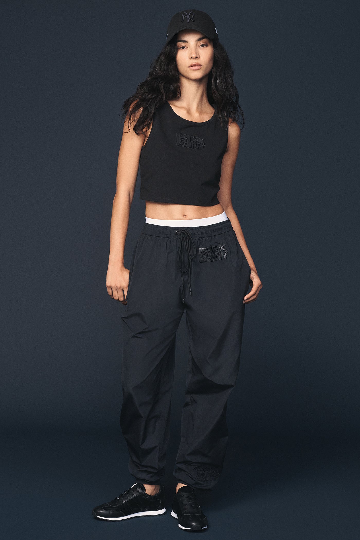 Black DKNY X YANKEES EMBROIDERED TRACK PANT, VIEW 1 | FALL PRE-ORDER