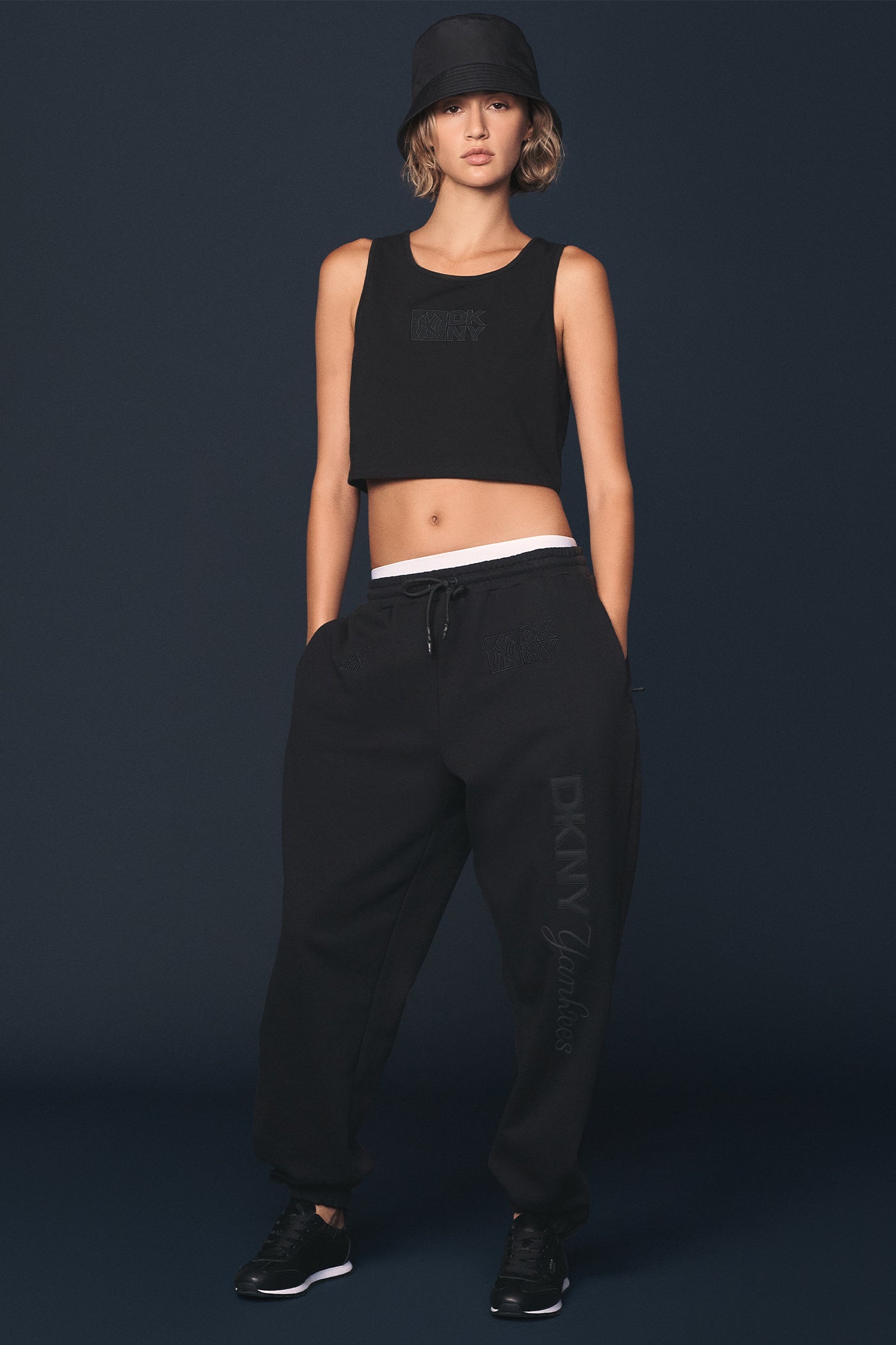 Black DKNY X YANKEES EMBELLISHED TRACK PANT, VIEW 2 | FALL PRE-ORDER
