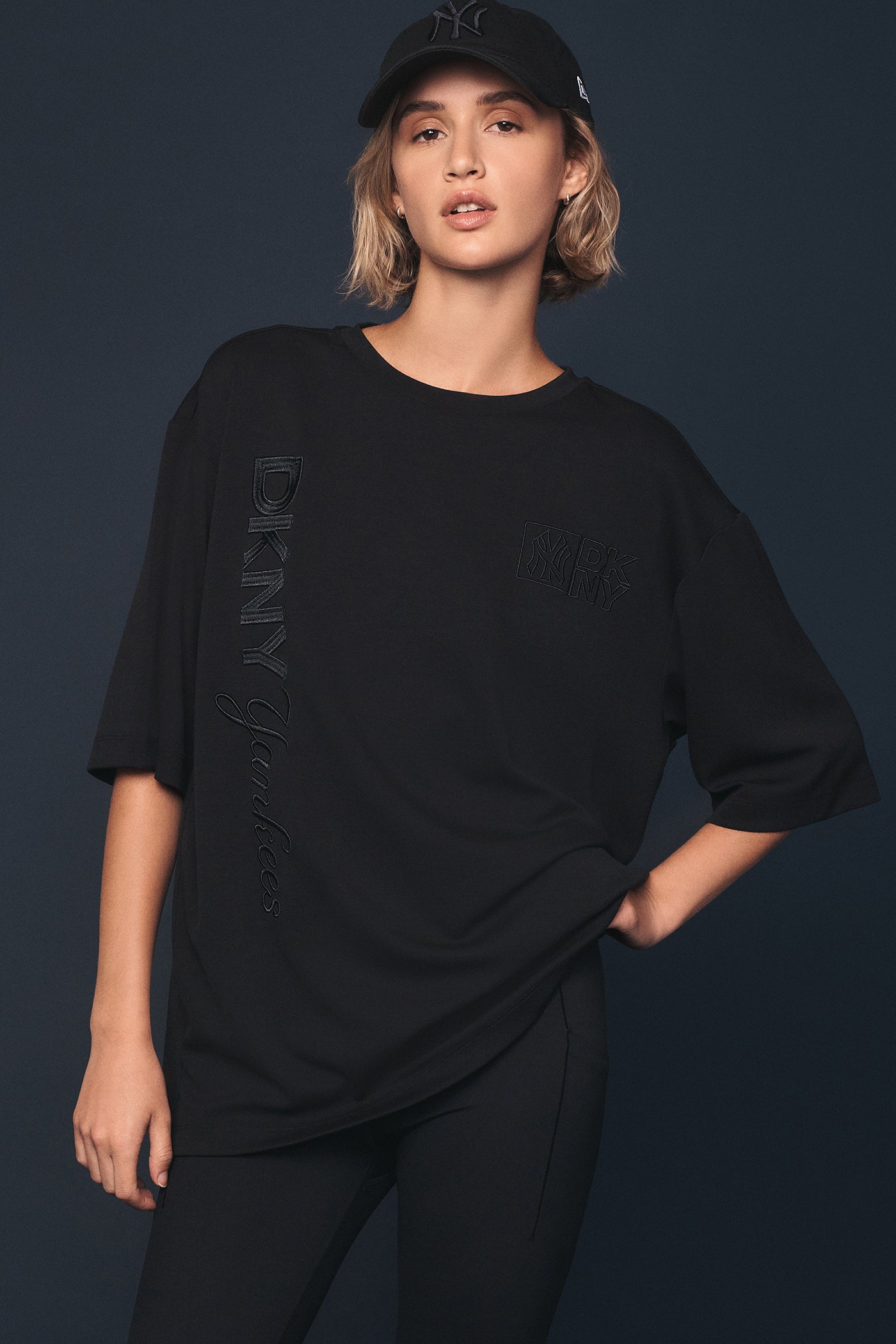 Black DKNY X YANKEES SHORT-SLEEVE EMBOSSED TEE, VIEW 2 | FALL PRE-ORDER