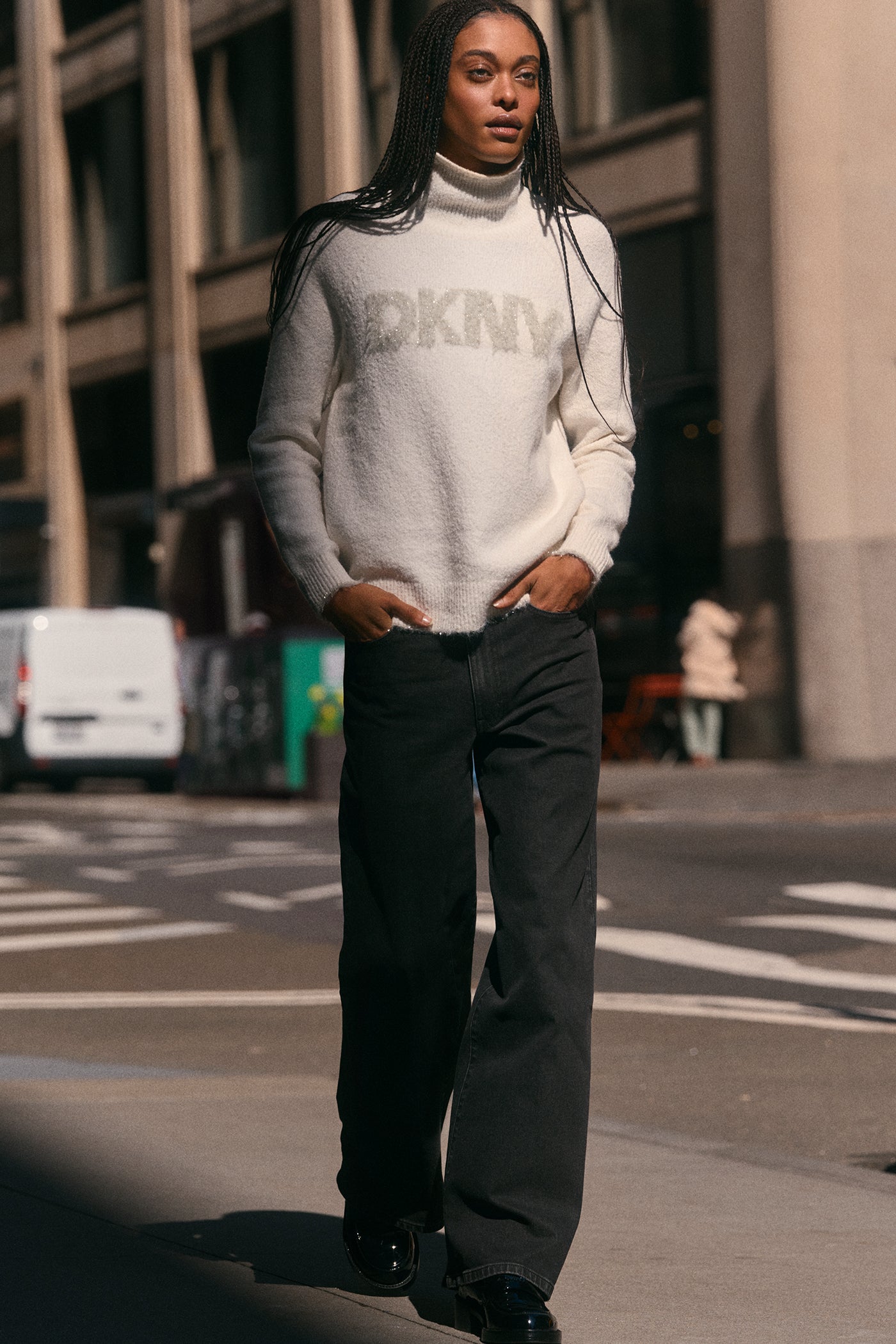 IVORY/GOLD DKNY TINSEL LOGO LONG SLEEVE RAGLAN SWEATER, BACK VIEW | WOMEN'S SWEATERS & TOPS