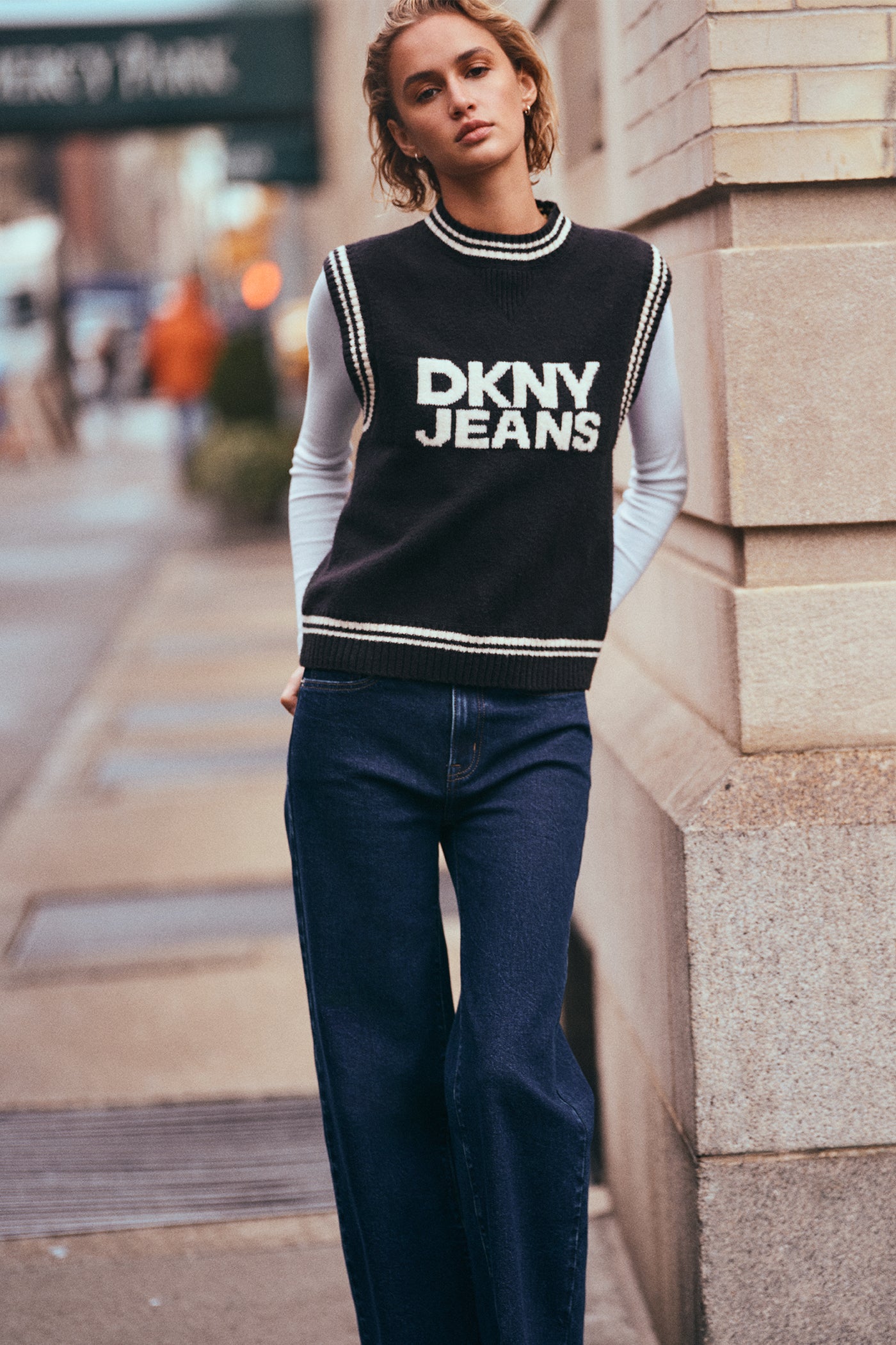BLACK/EGGNOG SLEEVELESS CREW NECK TIPPED SWEATER VEST, BACK VIEW | New Arrivals