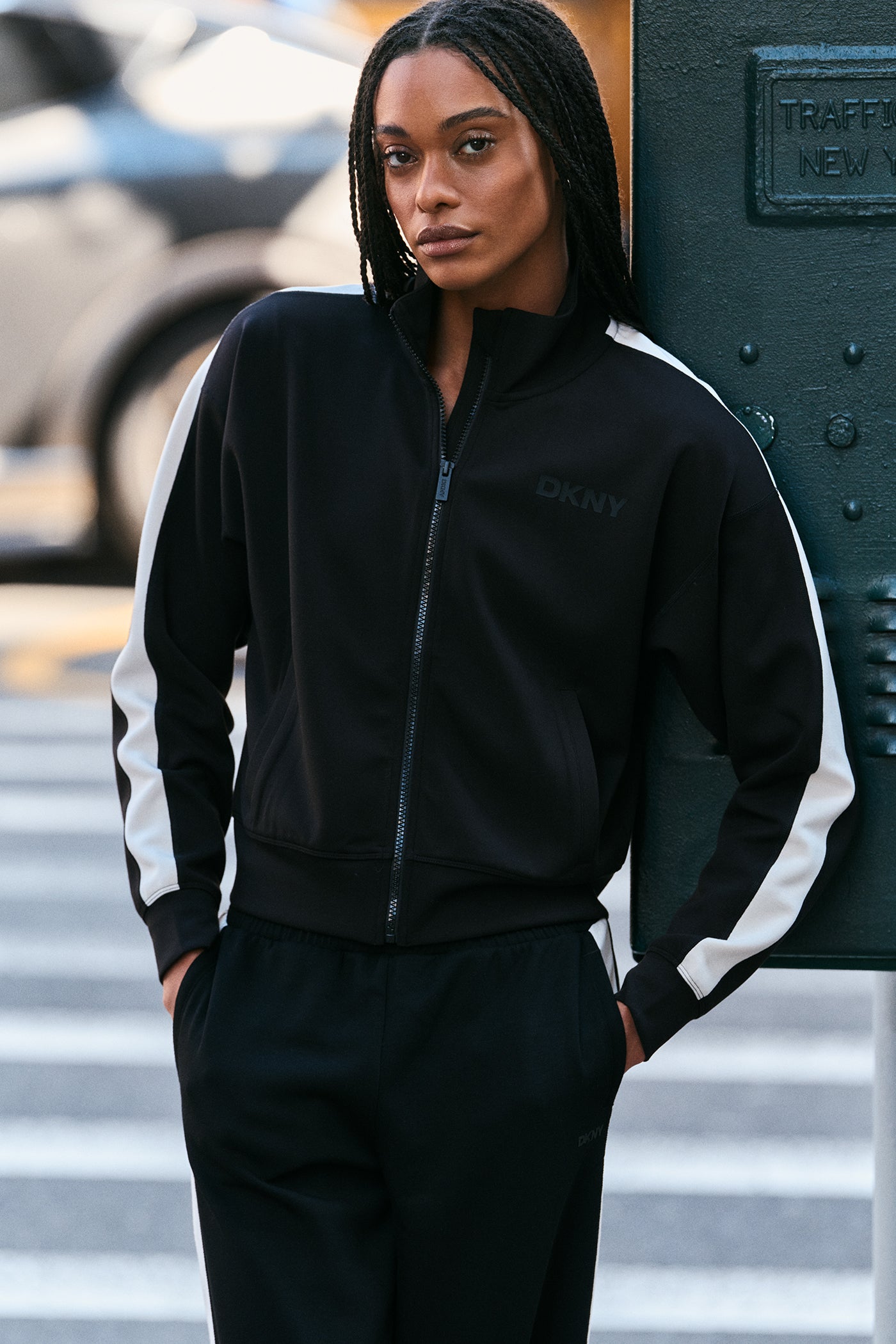 BLACK/ EGGNOG FULL ZIP MOCK NECK TRACK JACKET WITH SIDE STRIPES, VIEW 2 | Jackets & Blazers