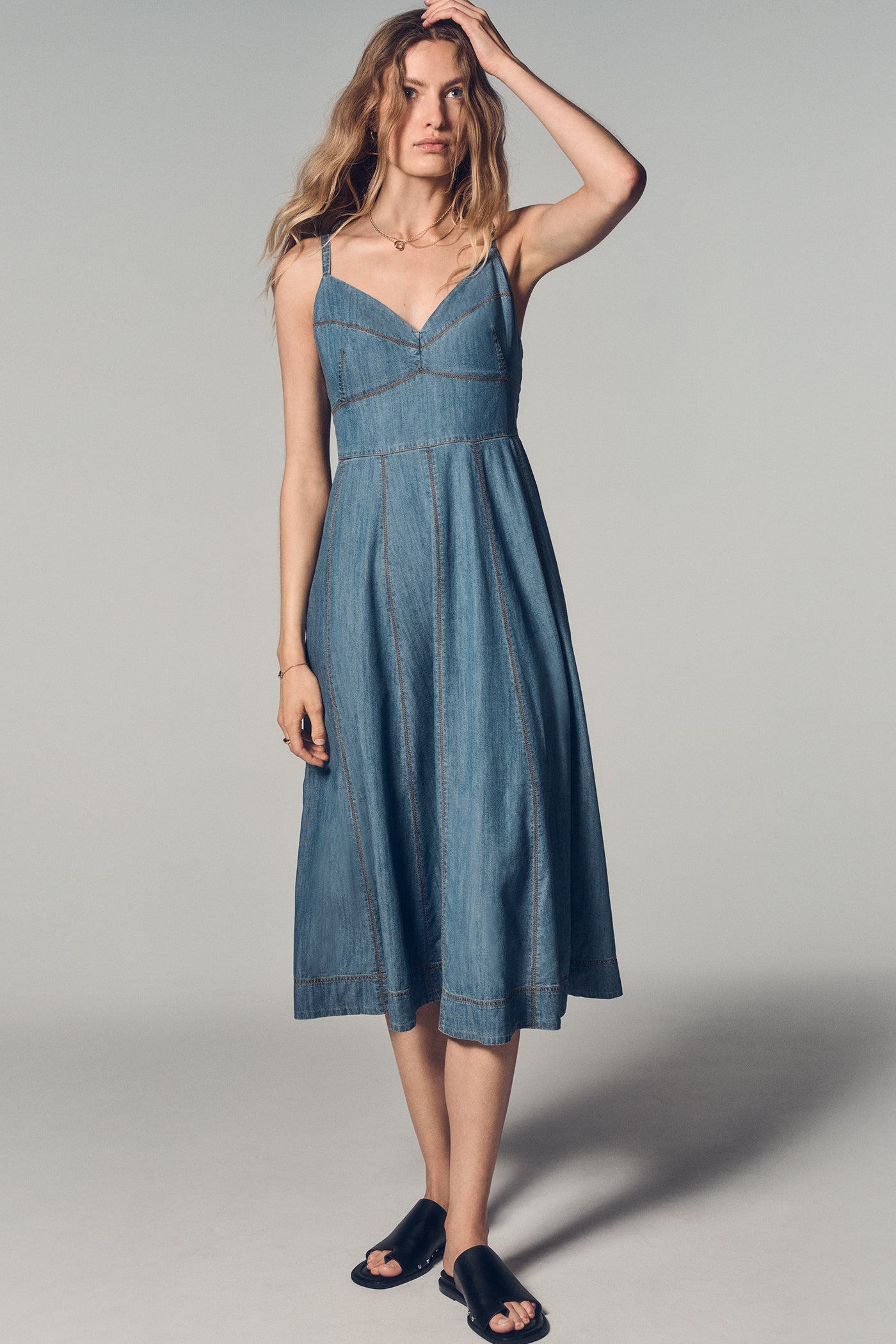 Downtown Wash DENIM MIDI FIT & FLARE DRESS, VIEW 2 | Denim Destination