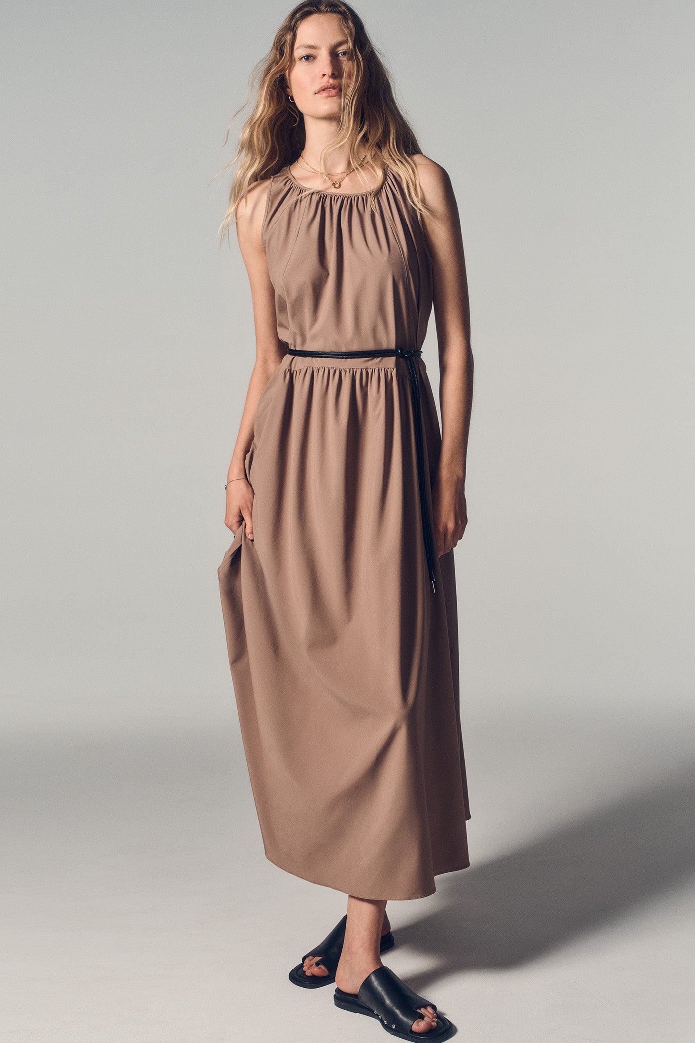 Cappuccino SLEEVELESS DROP-WAIST MIDI DRESS, VIEW 2 | NEW NEUTRALS