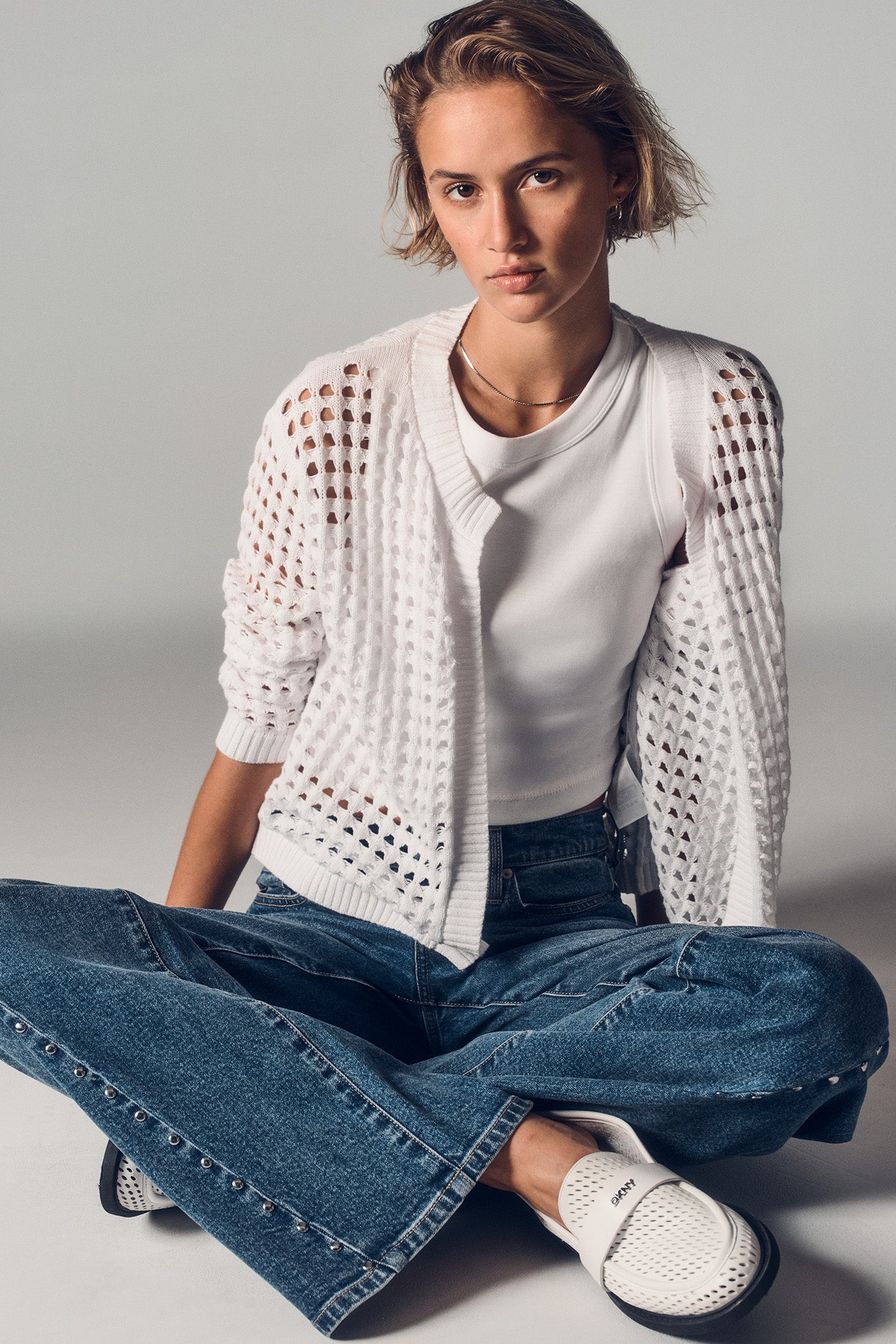 Ivory OPEN STITCH CARDIGAN, VIEW 2 | DKNY JEANS