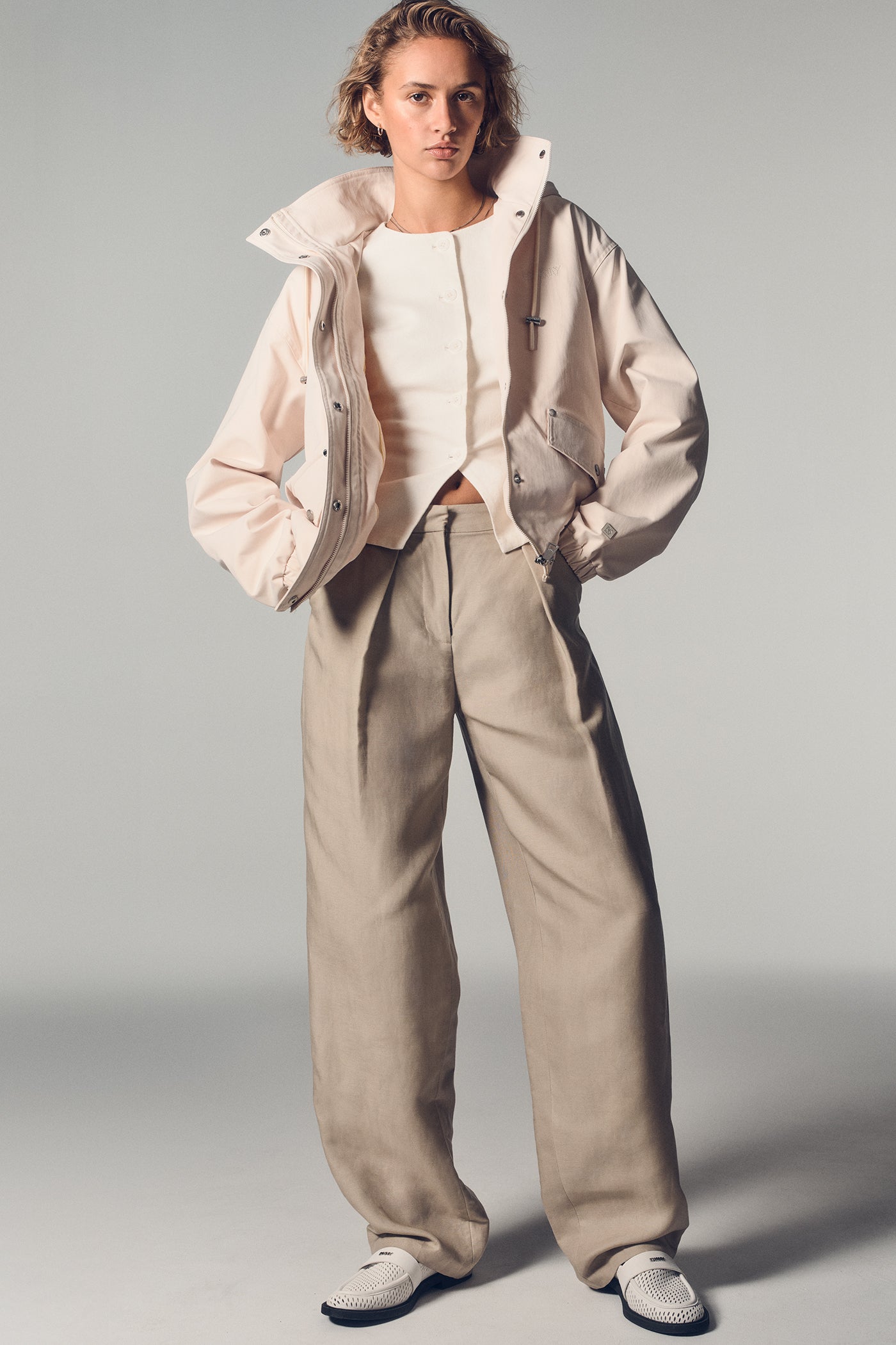 Parchment HIGH COLLAR BOMBER JACKET WITH HOOD, VIEW 1 | Clothing