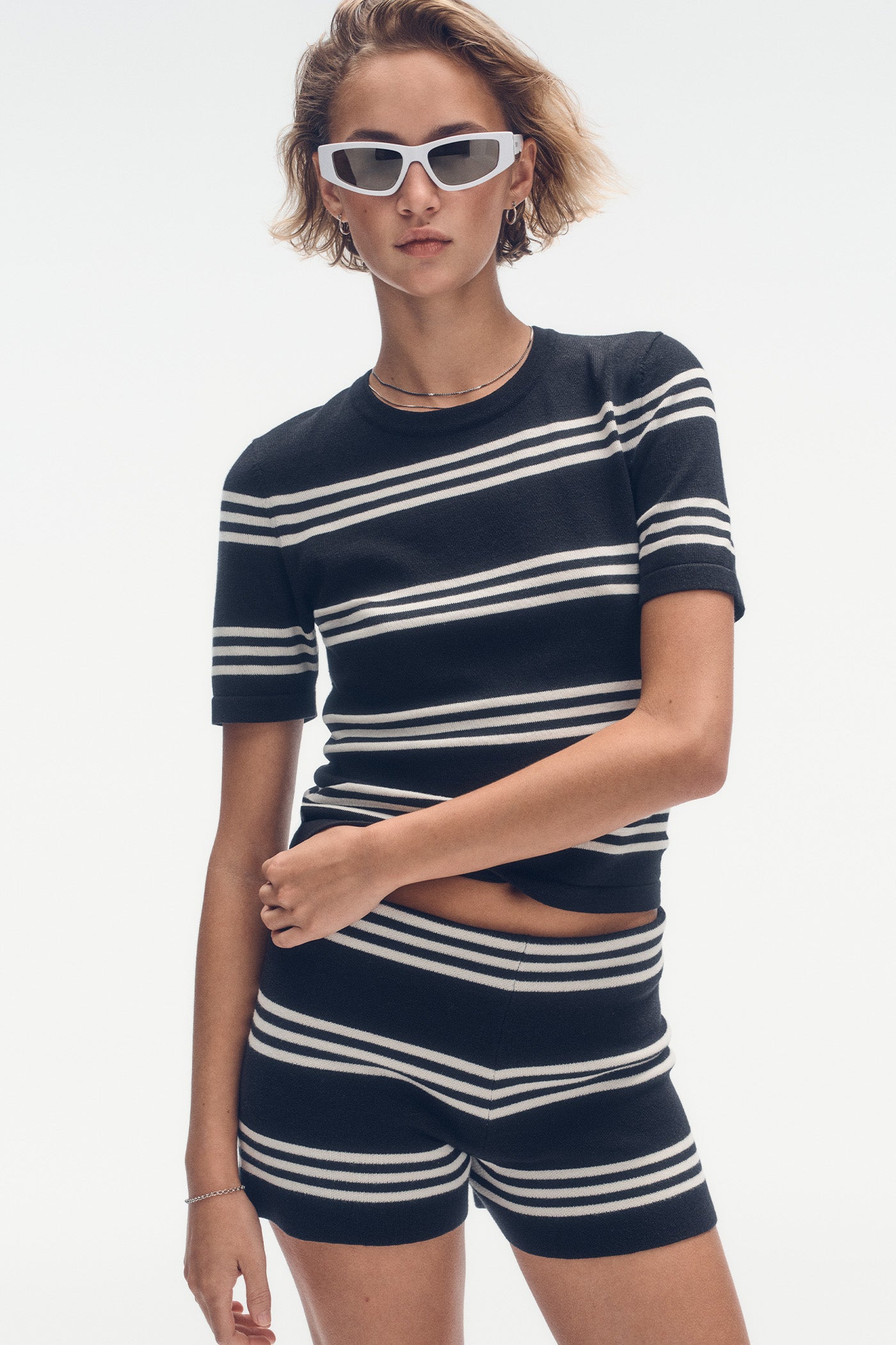 Black/Eggnog ELBOW SLEEVE STRIPED SWEATER, VIEW 1