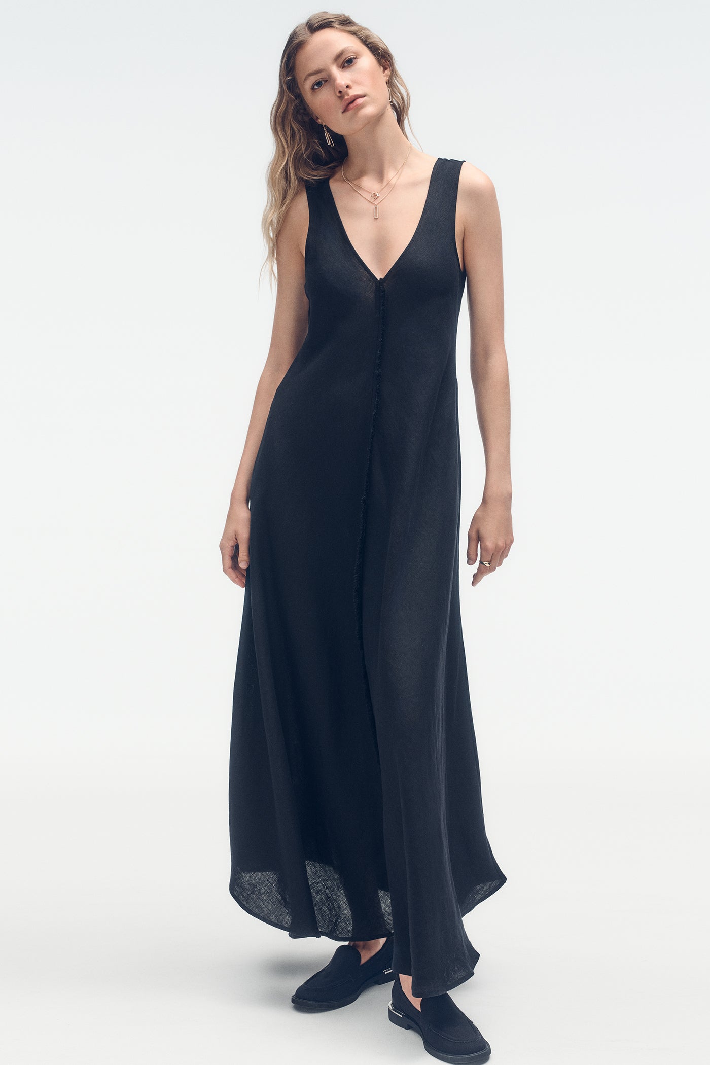 LINEN FRAYED MAXI DRESS VIEW 2