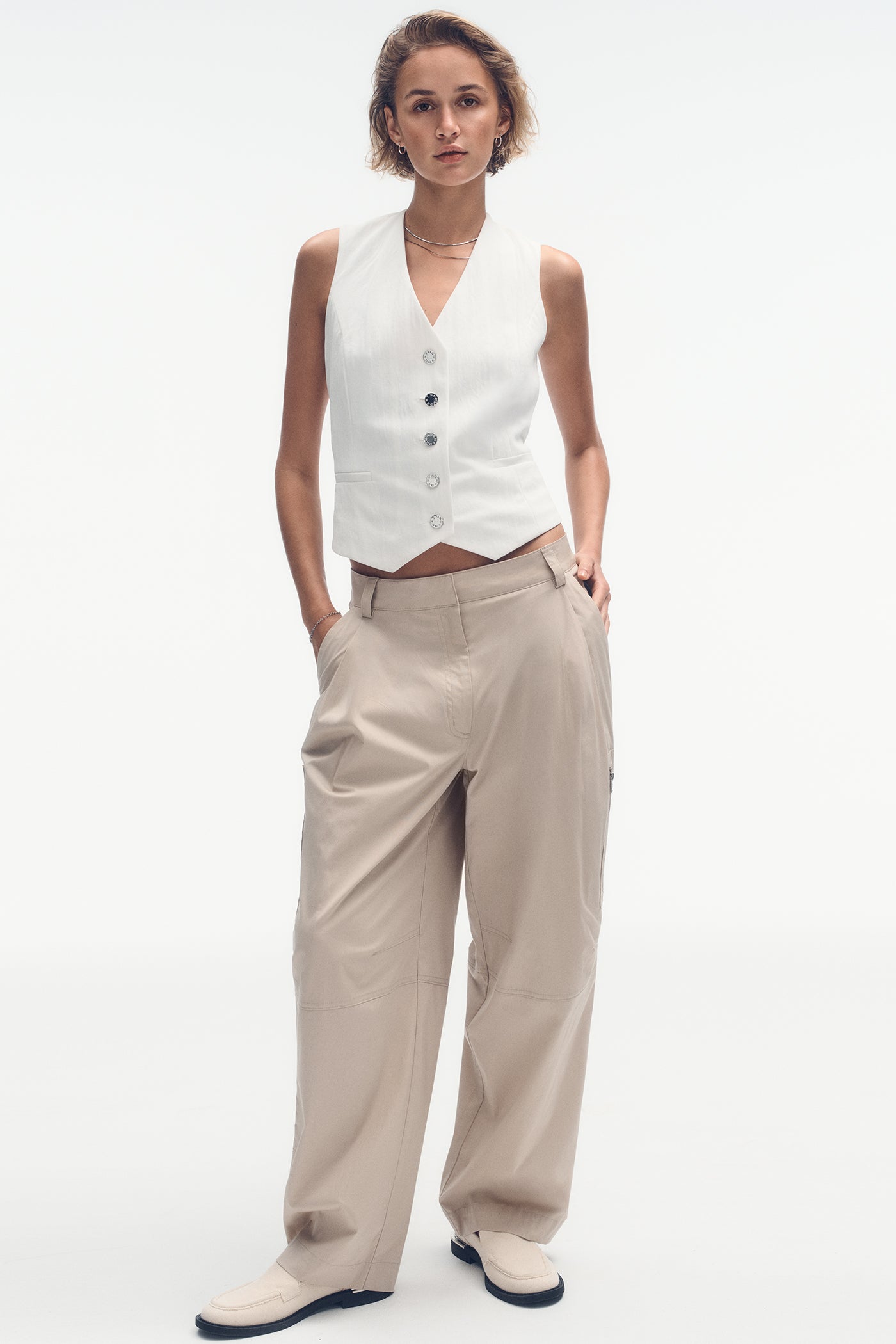 Ivory PIQUÉ BUTTON-FRONT VEST, VIEW 1