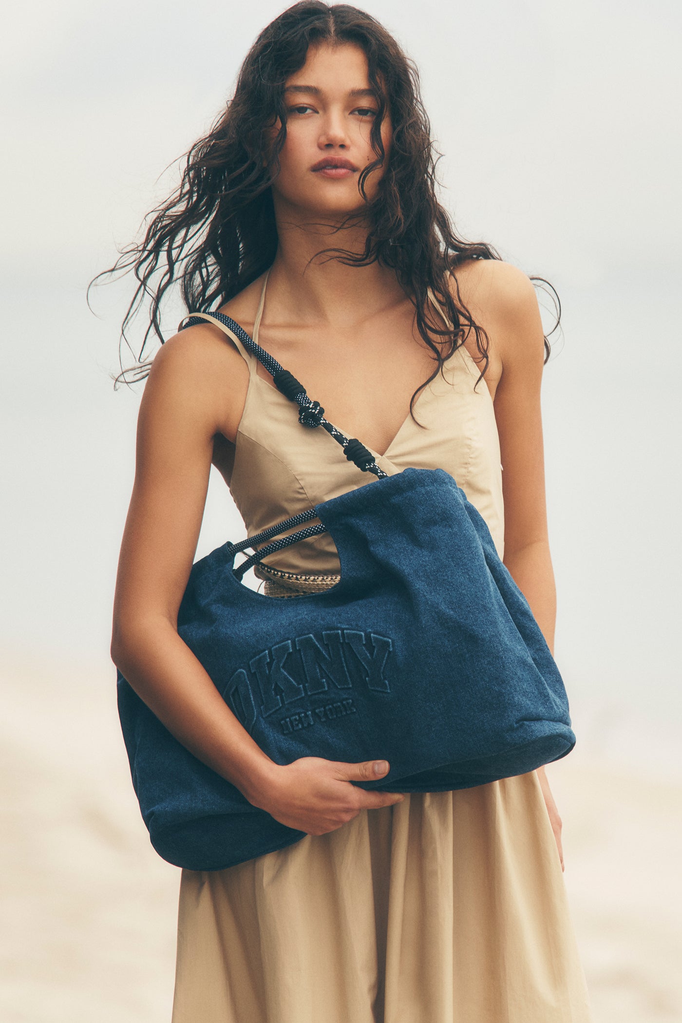 Dark Denim MABEL DENIM LARGE LOGO TOTE, BACK VIEW | Totes