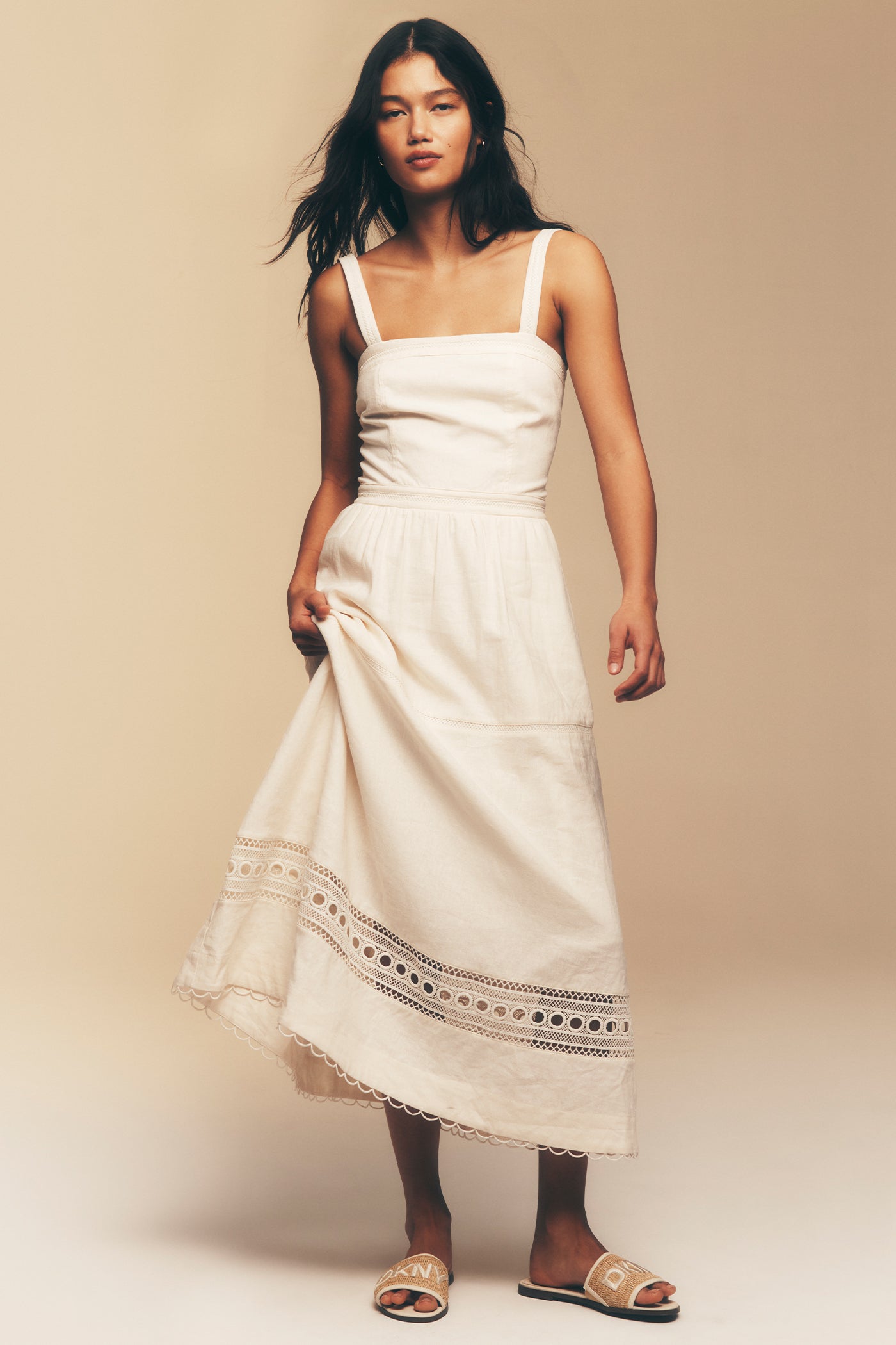 Coconut LINEN-BLEND LACE-TRIMMED MIDI DRESS, BACK VIEW | Dresses & Jumpsuits