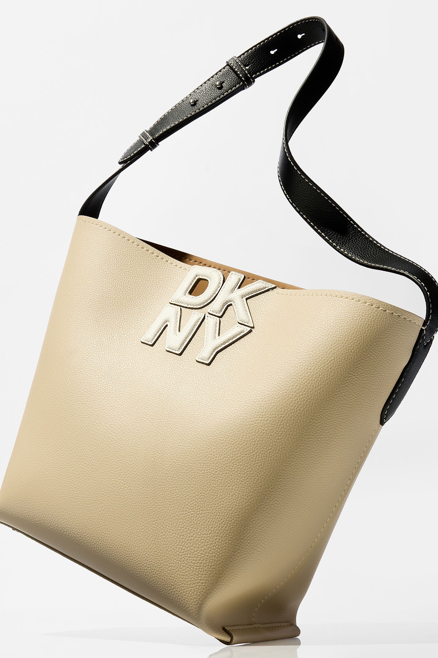 Light Taupe NICOLE LOGO EMBELLISHED BUCKET BAG, BACK VIEW | 9-5 Edit