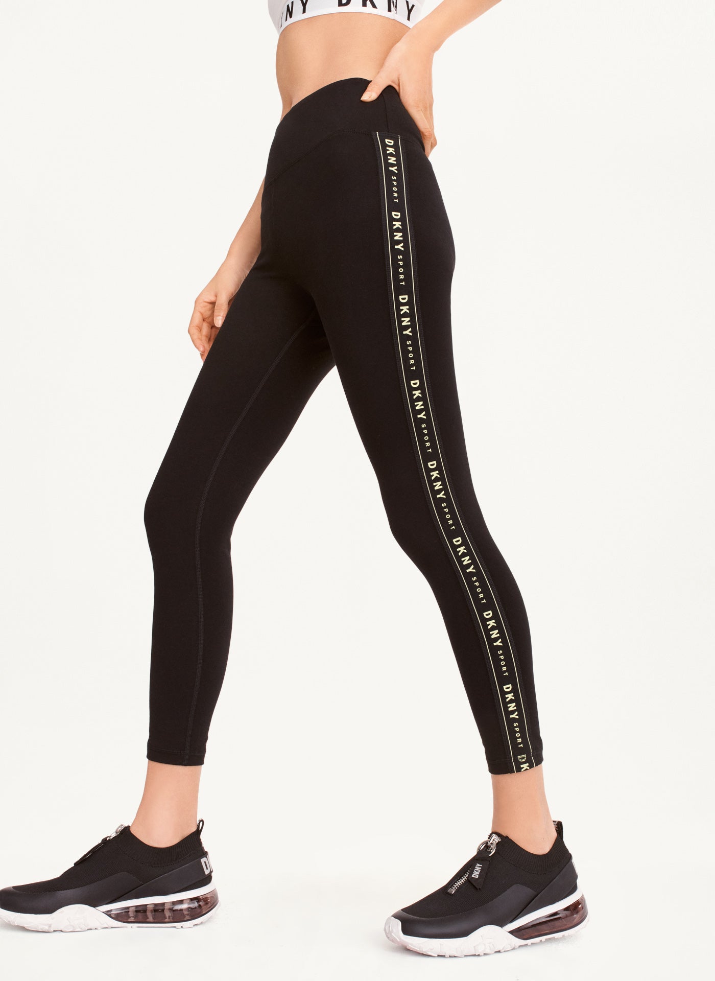 Black HIGH WAISTED LOGO TAPING LEGGINGS, VIEW 1 | Not Clearance or Preorder